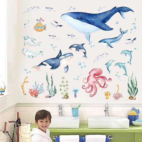 Miniatura 4 de wondever Pegatinas de pared de ballena marina con diseño de delfín y pez oceánico, calcomanías de arte de pared para guardería, habitación de niños