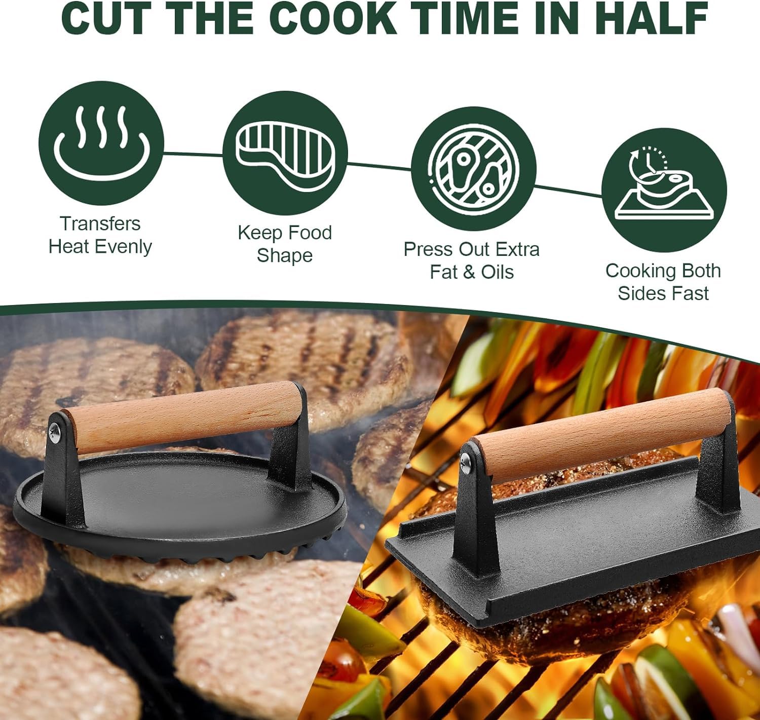 MEETOZ Burgerpresse, 17,8 cm rund und 21,3 x 10,9 cm, rechteckig, robuste Gusseisen-Grillpresse mit Holzgriff, perfekt für Grillplatten, Sandwich, Antihaft-Pfanne, 2 Stück