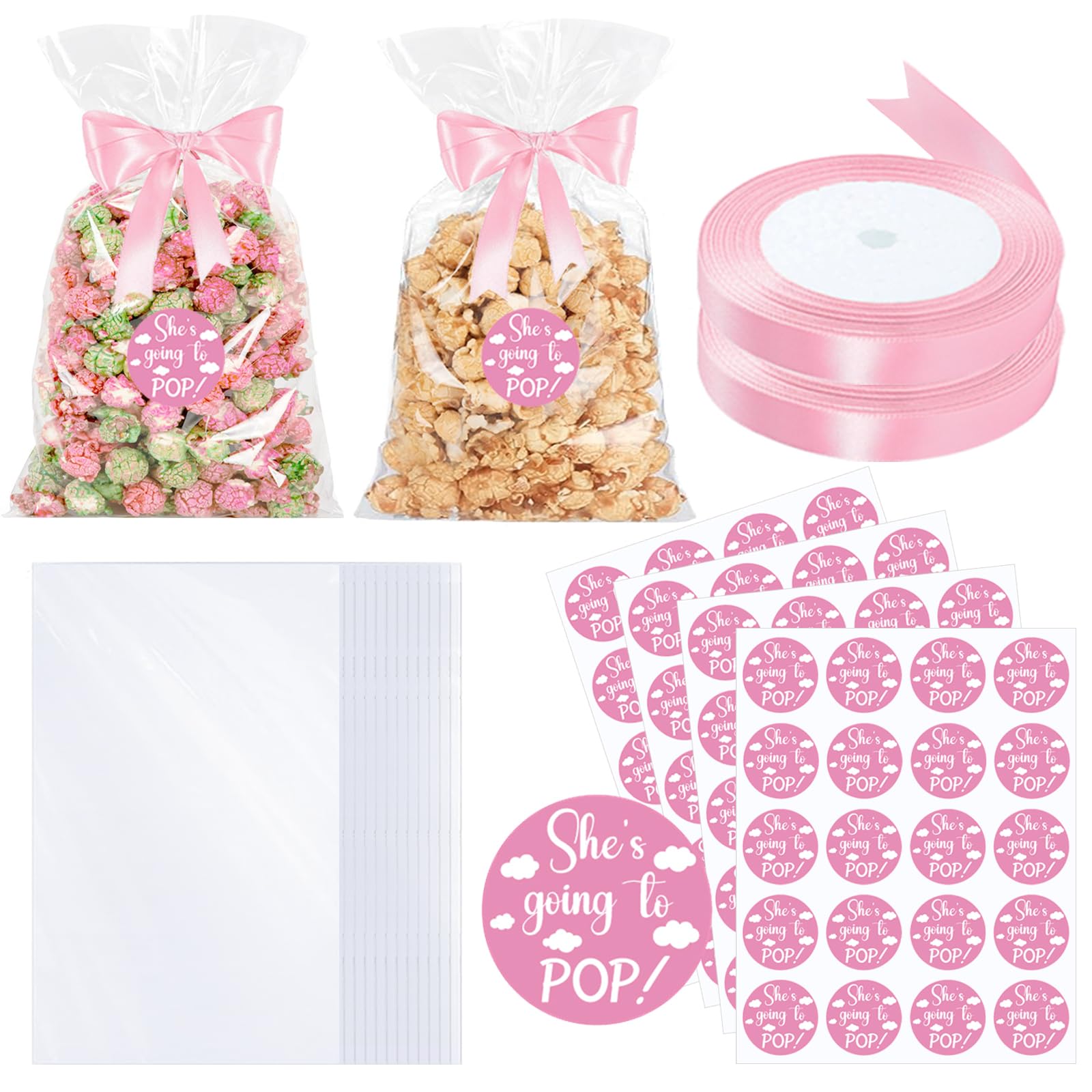 Adodotoe 100 Pack Pink Baby Shower Popcorn Bags & Stickers, Clear Plastic Treat Bags with Ribbon for Gift Wrapping, Food Storage & Party Favors