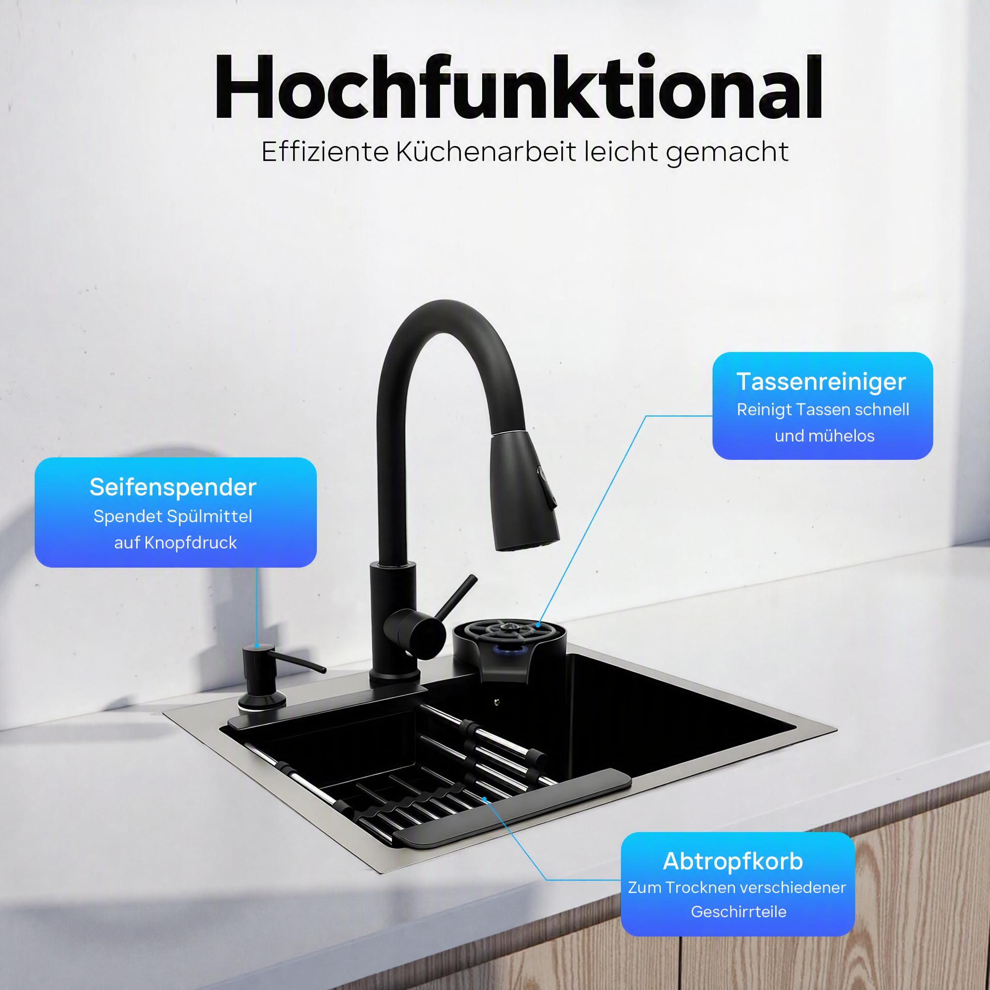Edelstahl Küchenspüle 45 x 40cm, Spülbecken Schwarz mit Ausziehbare Wasserhahn und Tassenspüler, Eckiges Einbauspüle, 1 Becken, für Arbeitsplatten ab 45cm,inkl Abtropfkorb+Siphon+Seifenspender