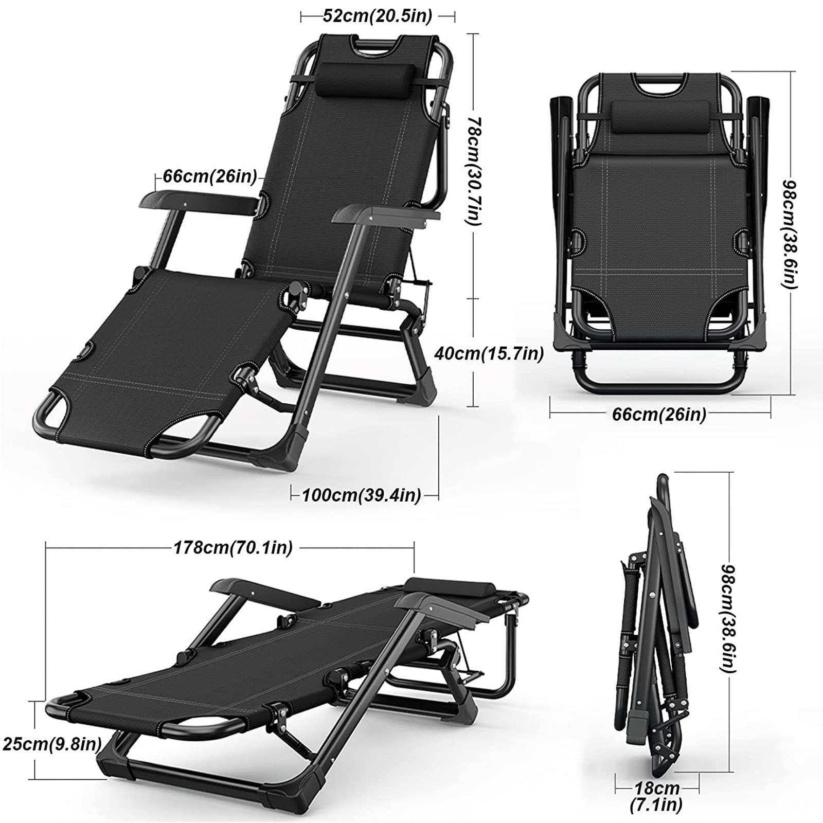 Letto da Campeggio Pieghevole Portatile, Sedia Sdraio Regolabile con Imbottitura Oversize, Letto A gravità Zero per Il Riposo All'aperto, Viaggi E Uso in Ufficio (Color : Black with Mattress)