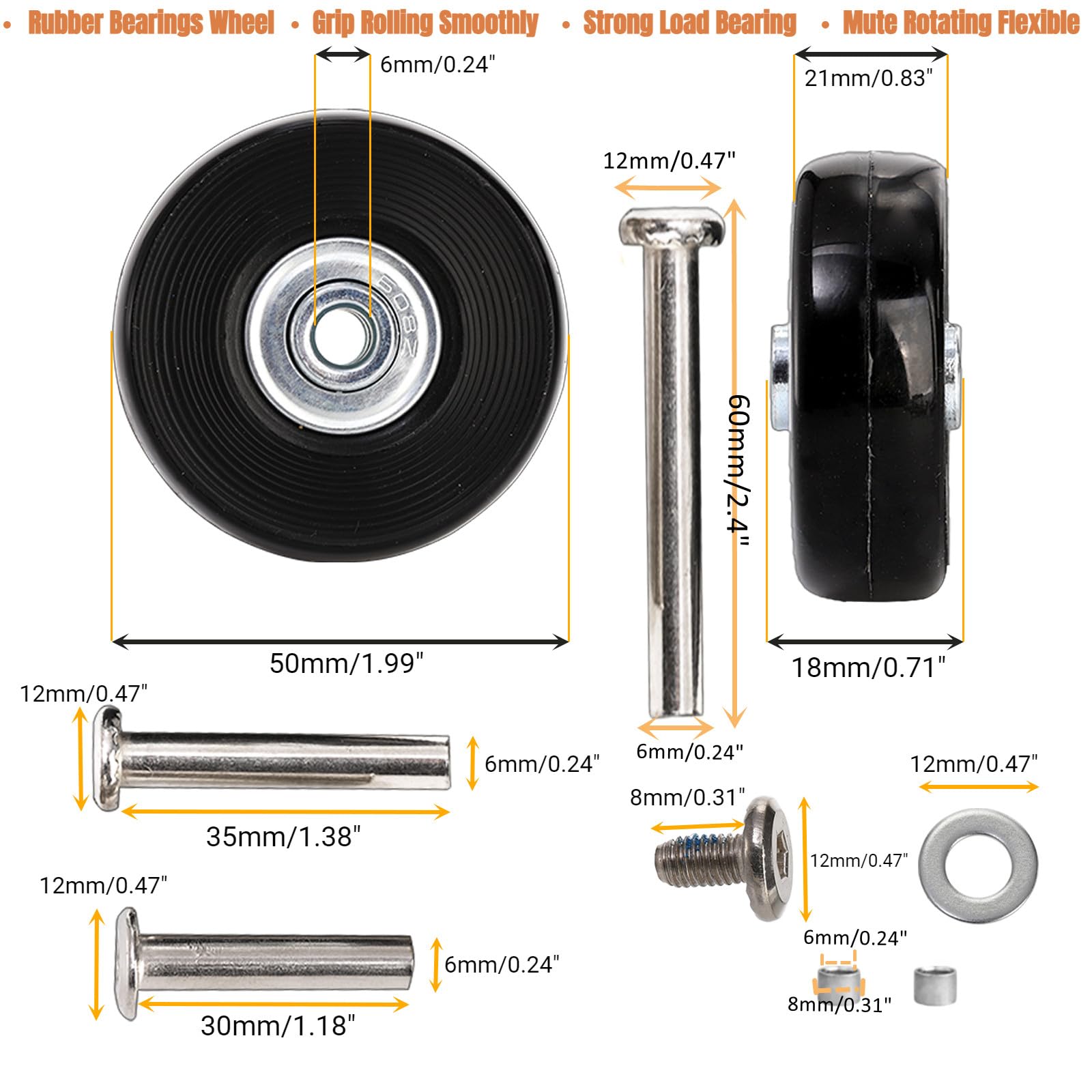 ZOOFOX Set of 8 Luggage Suitcase Replacement Wheels, 50 x 18mm PU Caster Wheels Bearings Repair Kits, Shelf Replacement Wheels for Luggage