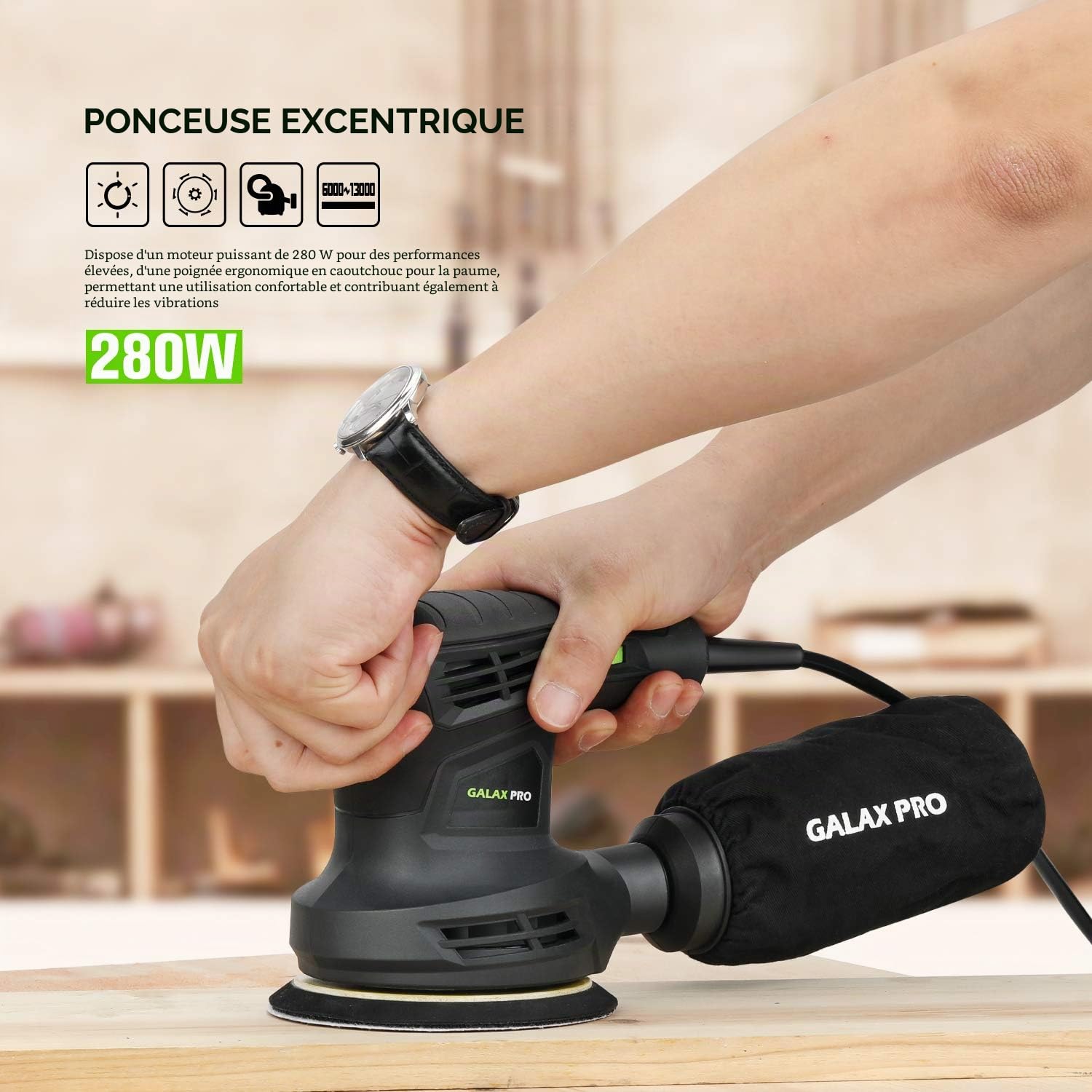 GALAX PRO Ponceuse excentrique filaire 280W, 6 Vitesses, 13000RPM, avec dépoussiéreur et 15 types de papier de verre, Ponceuse orbitale aléatoire, idéale pour les travaux de bricolage