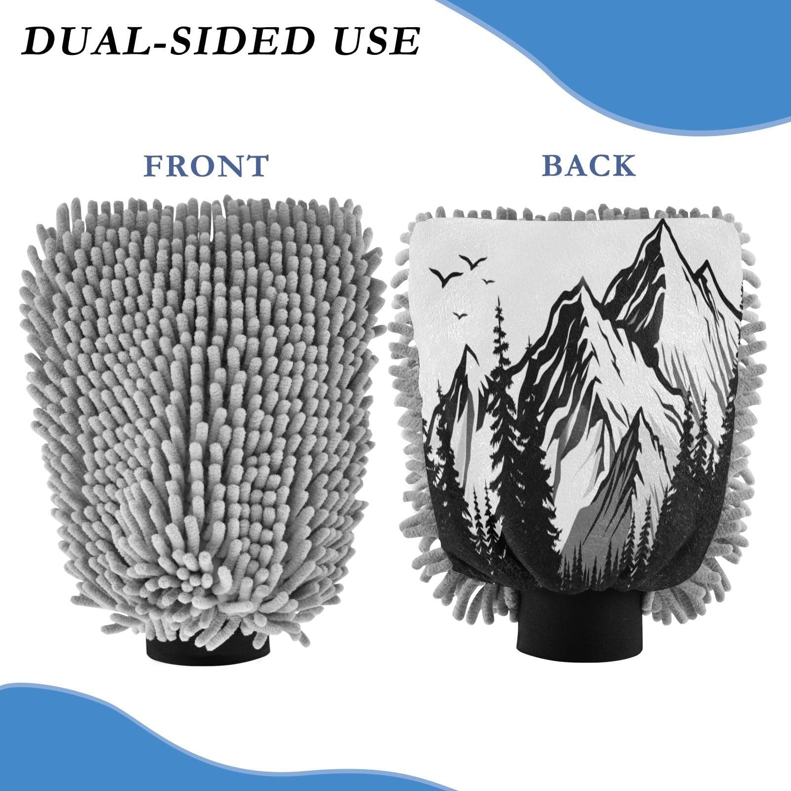 Kigai Black and White Mountain Range Car Wash Mitt Microfiber, 2Pcs Scratch Free Lint-Free, Premium Chenille Microfiber Mitt Car Wash Brush-M