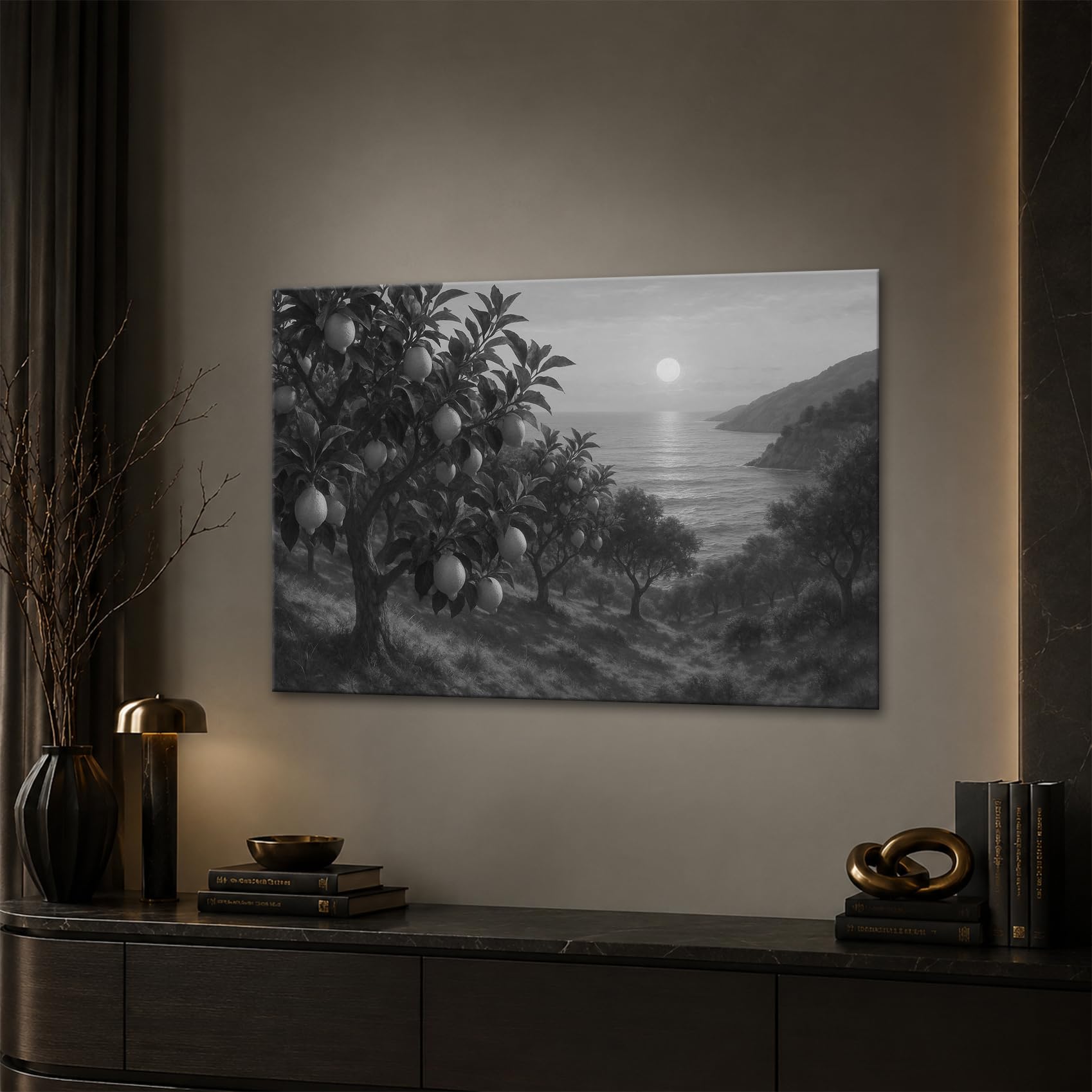 Leinwandbild Zitronenhain am Meer bei Sonnenuntergang 70x50cm Schwarz&Weiß