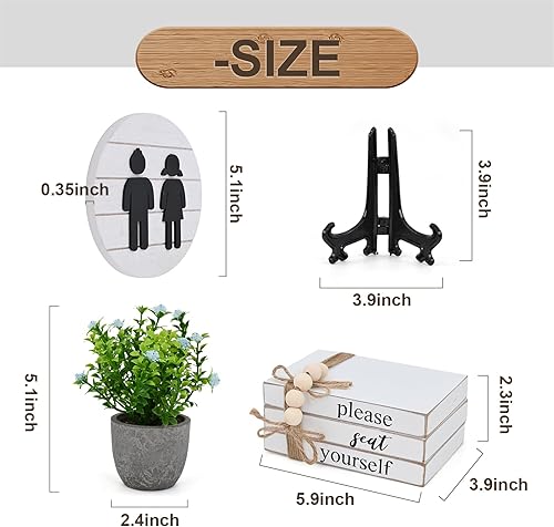 Miniatura 7 de Letreros divertidos para decoración de estante de baño, letreros redondos 3D y apilamiento de libros con 1 planta artificial, letrero de madera para