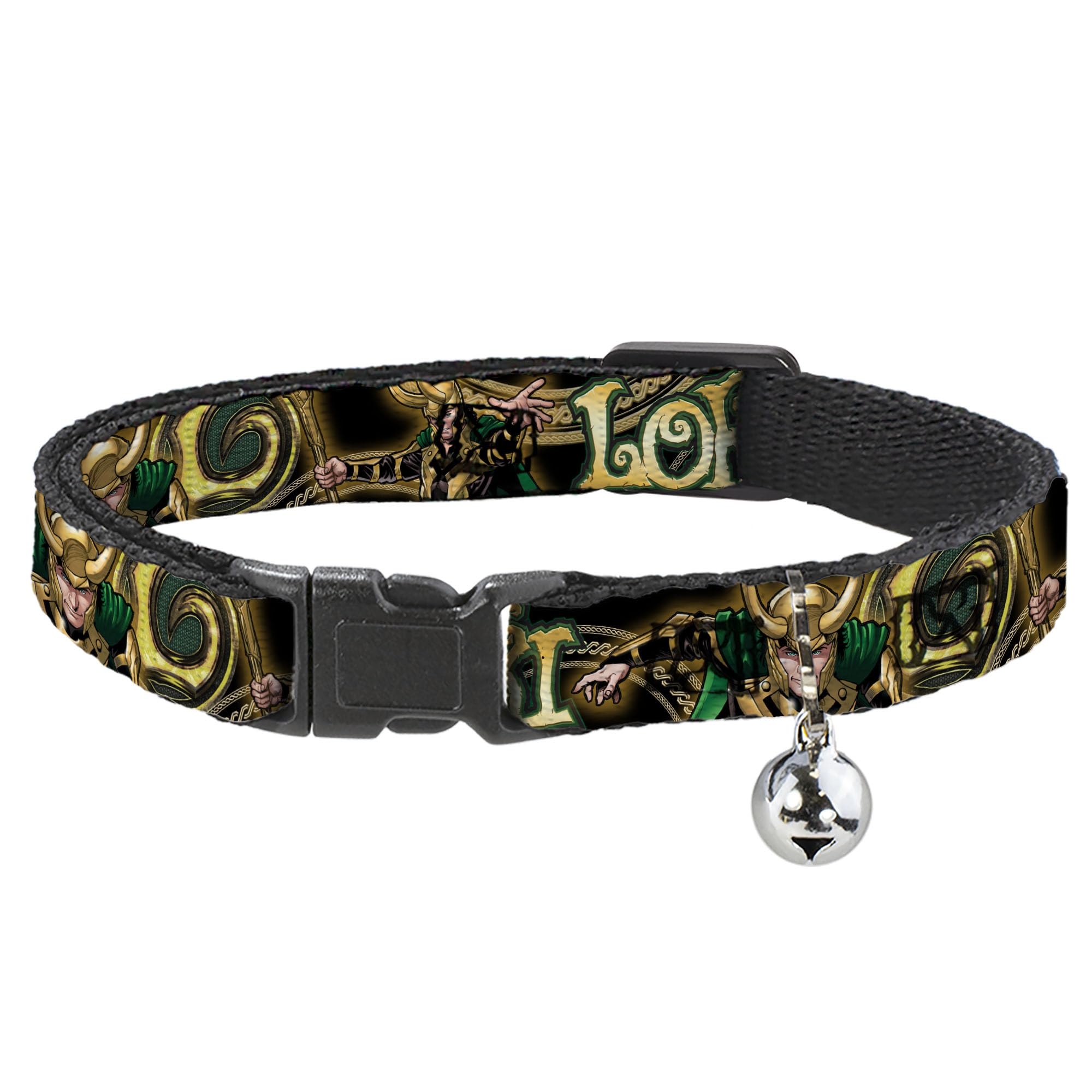 Cat Collar Breakaway Loki Poses Black Gold Green 8 to 12 Inches 0.5 Inch Wide, Model: BAC-WAV037-NM