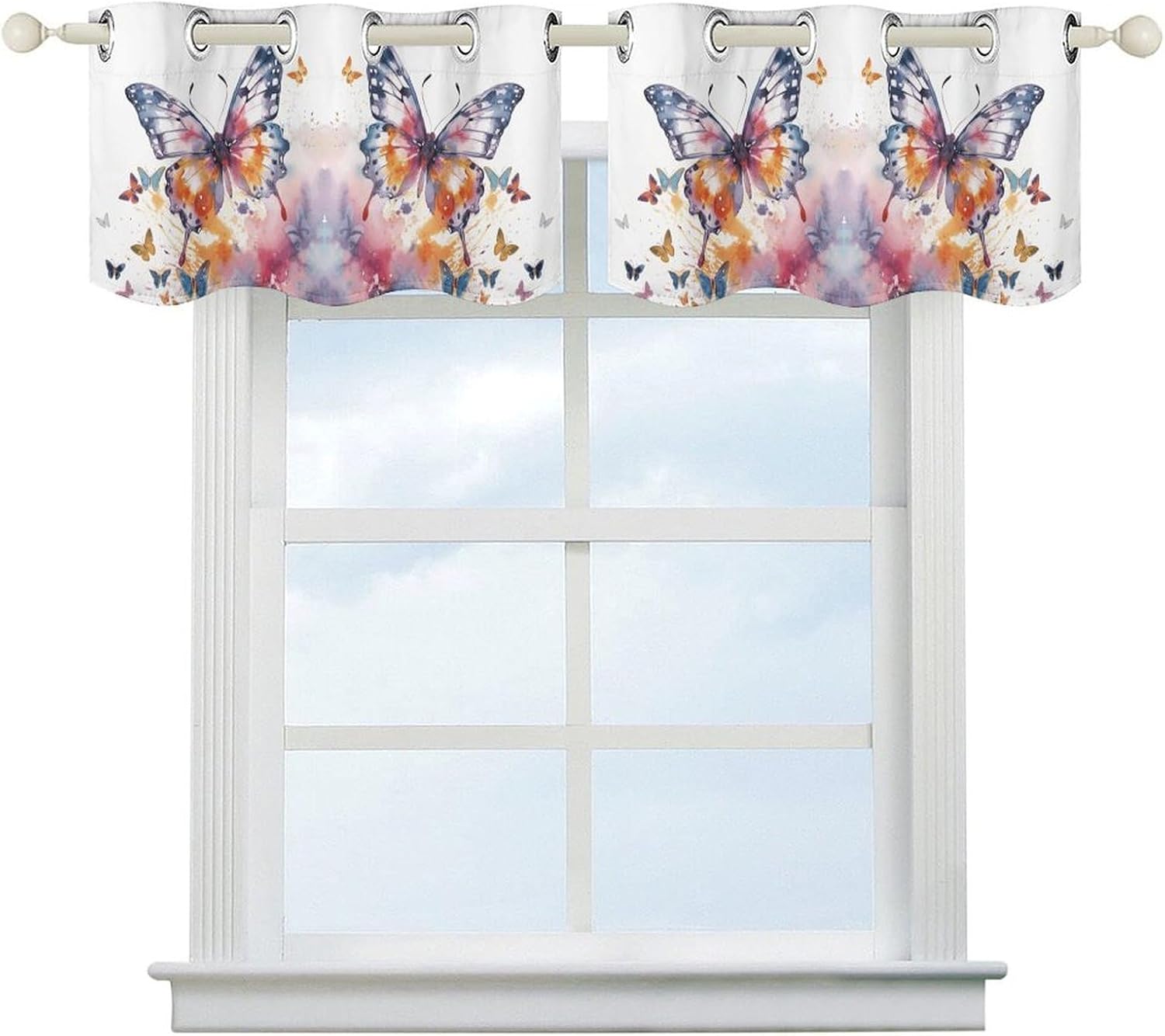 Watercolor Butterfly Printed Short Window Curtains, Grommet Small Valance, Decorative Short Curtains Suitable for Window Sills in Bedrooms, Living Rooms, Kitchens, Etc