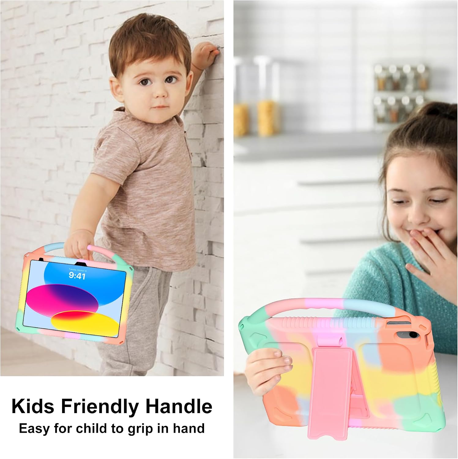 Kids Case for iPad (A16) 11th Generation 11 Inch 2025/10th Generation 10.9 Inch 2022 Built-in Stand Handle,Lightweight Shockproof Silicone Kids Cover for iPad 10th/11th Gen (Rainbow)