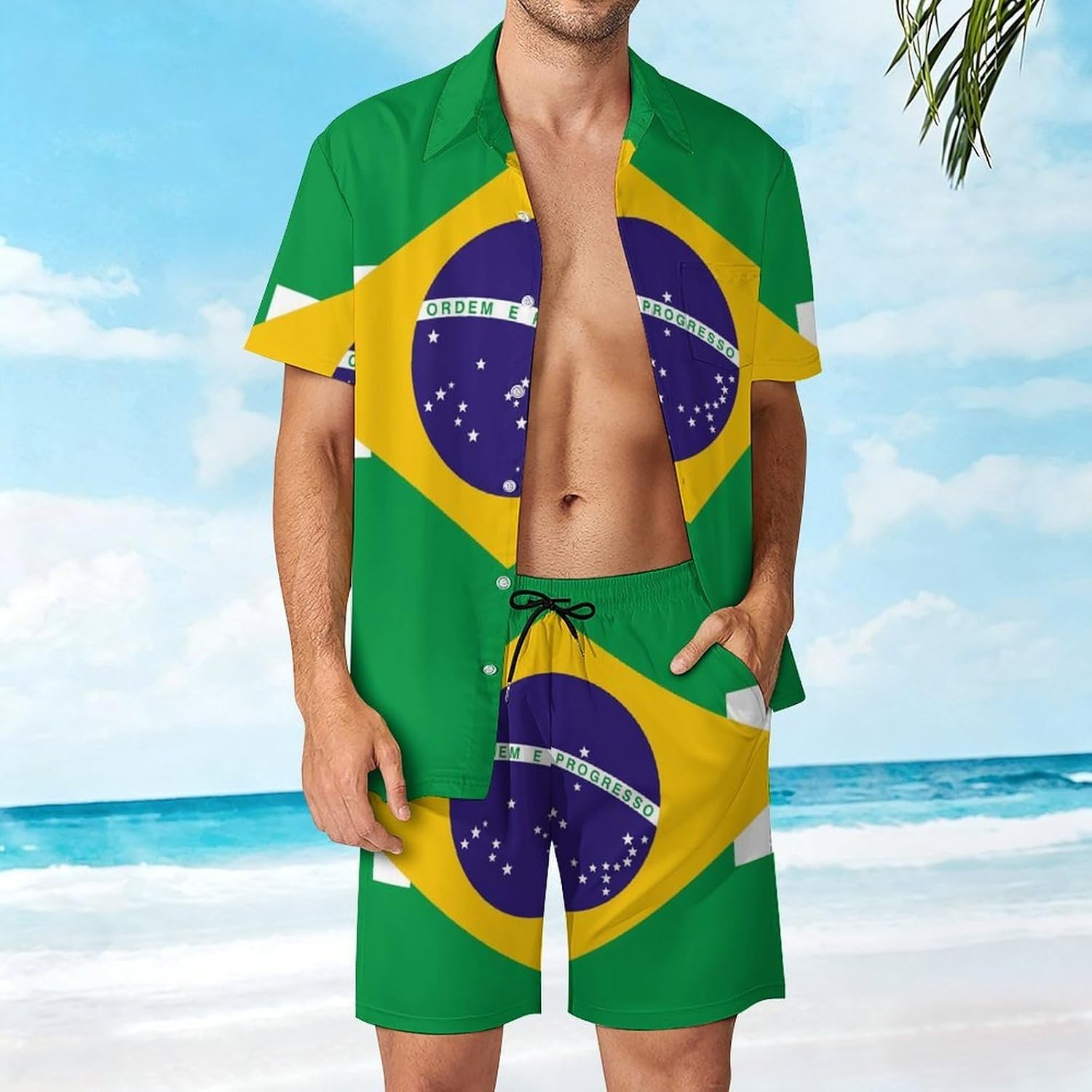 Brazil Brazilian Flag Men's Summer Beach 2 Piece Outfits | hawaiian button down shirt and shorts,vacation cruise,mens bathing suit