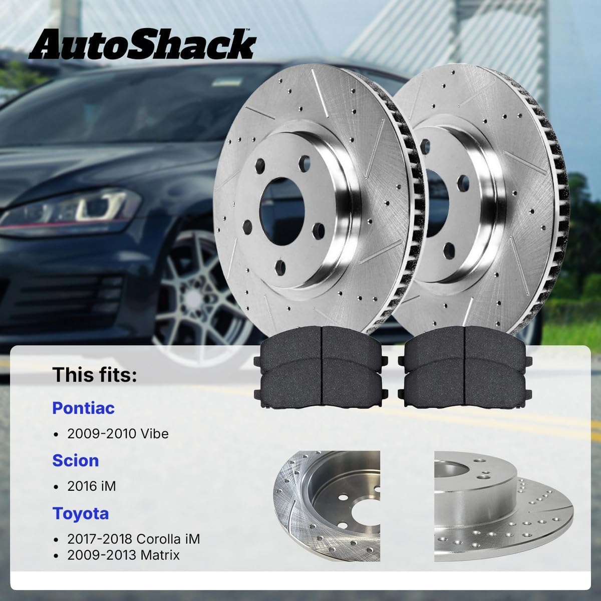 AutoShack Front Vented & Rear Solid Drilled & Slotted Silver Zinc Coated Brake Rotors + Ceramic Pads 12-PC Brake Kit Replacement for 2009-2013 Toyota Matrix 2009-2010 Pontiac Vibe SilverShield Pro