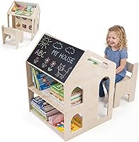 HONEY JOY Wooden Kids Art Table & Chair Set with Chalkboard, Storage Shelves - Toddler Activity Table for Drawing, Crafts, Reading - Natural Wood