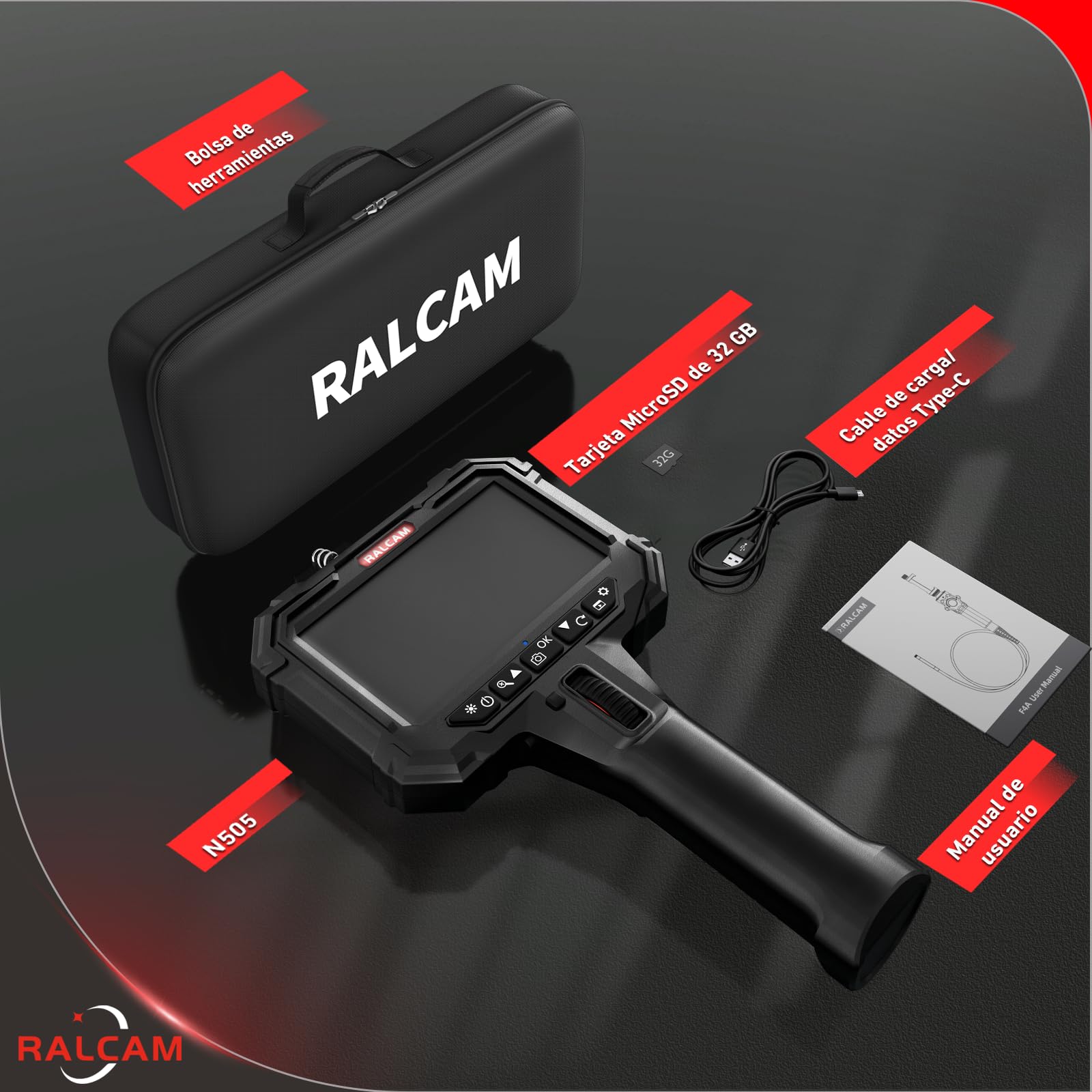 Ralcam Cámara endoscopio con luz, cámara endoscopio con Cabeza móvil de 210°, sonda de 5,5 mm, Pantalla HD de 5 Pulgadas, cámara de inspección IP67, Tubo de Manguera elástica de 1,5 m, cámara de Tubo