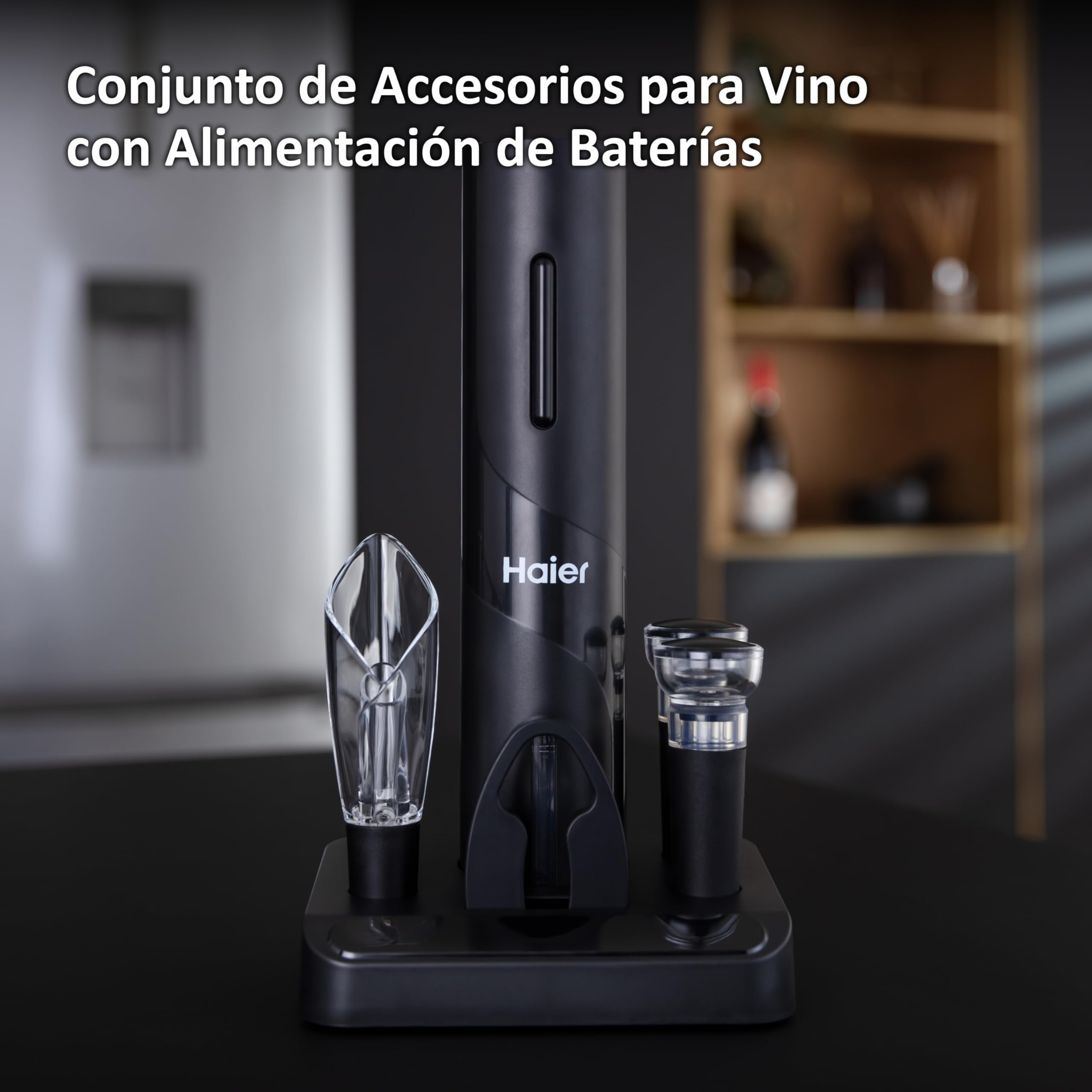 Haier Set de Vino Eléctrico a Batería, Incluye Aireador y Recogegotas en forma de Tulipán, Abrebotellas con Batería, Cortacápsulas, 2 Tapones de Vacío, Base para Conservación.