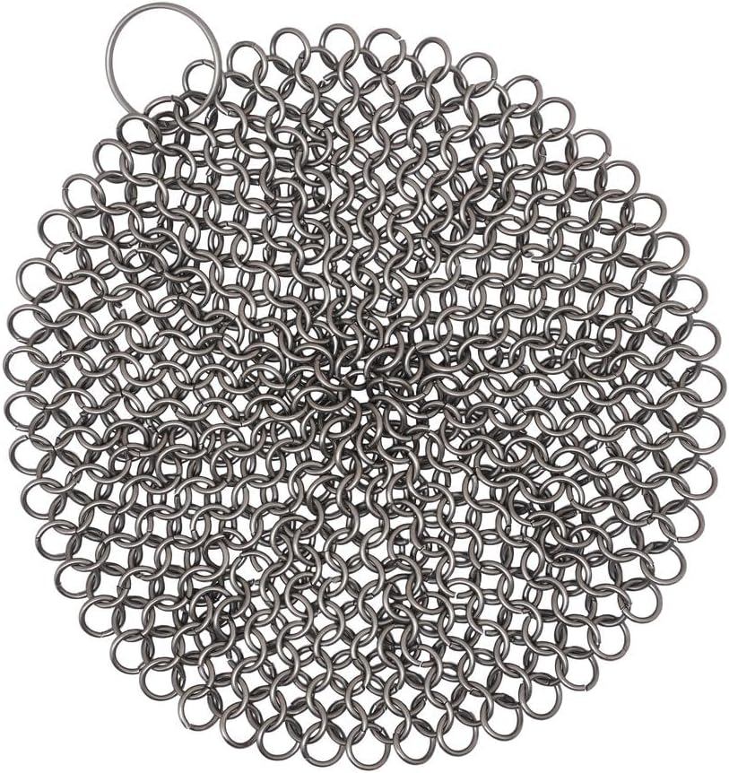 Mythrojan Cast Iron Scrubber 316 Stainless Steel Skillet Cleaner Chainmail Scrubber Chain Mail Scrub with Hanging Ring for Cast Iron Pre-Seasoned Pans (15 X 15cm)