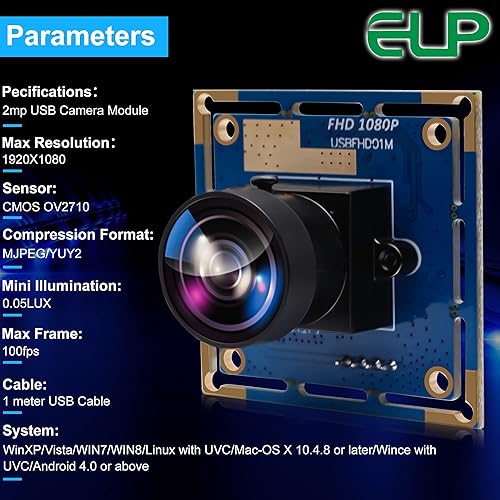 Miniatura 5 de ELP Cámara USB con lente ojo de pez de 170 grados con resolución HD de 1080p, módulo de cámara USB OV2710 CMOS de 2 megapíxeles de alta velocidad