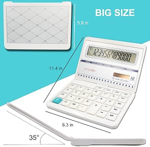 Large Folding Calculator, White, 6.42 Inch LCD Display, 12 Digits, Solar & AAA Battery Powered, Engineering/Scientific Calculator, Perfect for Office, Home, School, Gift