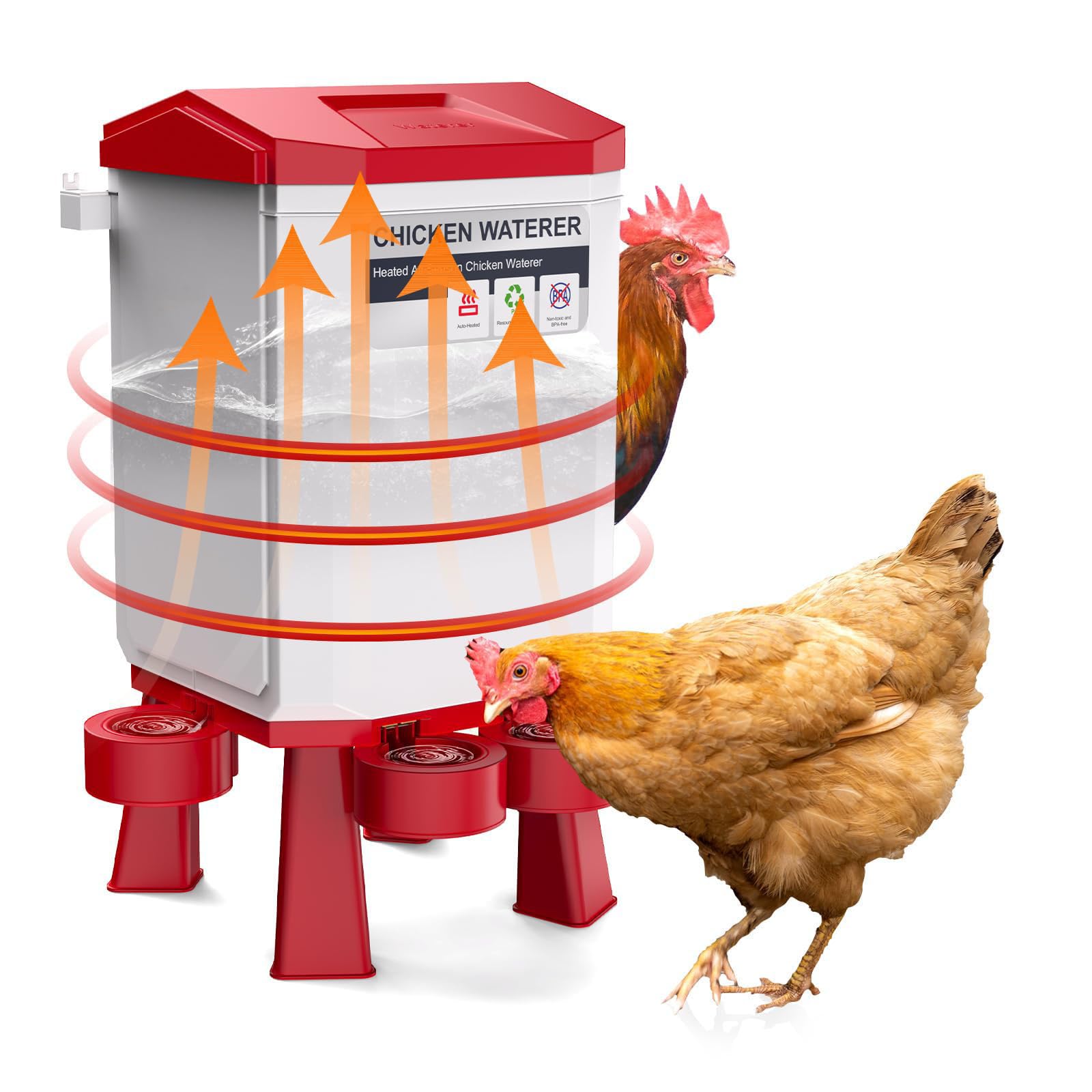Heated Chicken Waterer, 2 Gallon Thermostatic Poultry Drinker with 4 Cups, Outdoor Winter Water Heater with Leg Base for Chickens, Ducks, Geese, Turkeys, Anti-Freeze Automatic Watering System