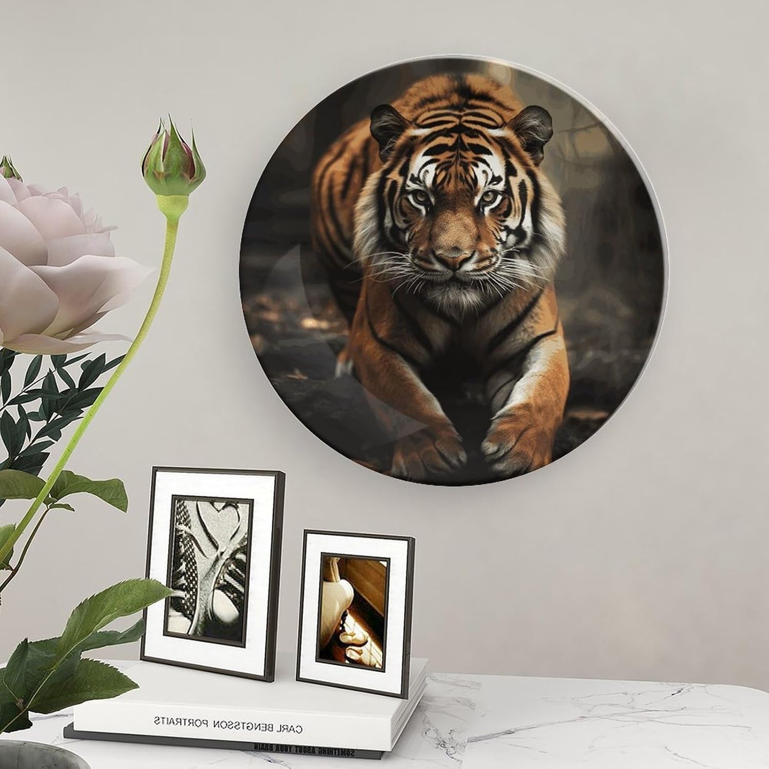 Wild Animals Tiger Bone China Decorative Plate with Display Stand, Ceramic Ornaments Plate for Wall Hanging, Personalized Porcelain Plates for Office, Living Room 8inch