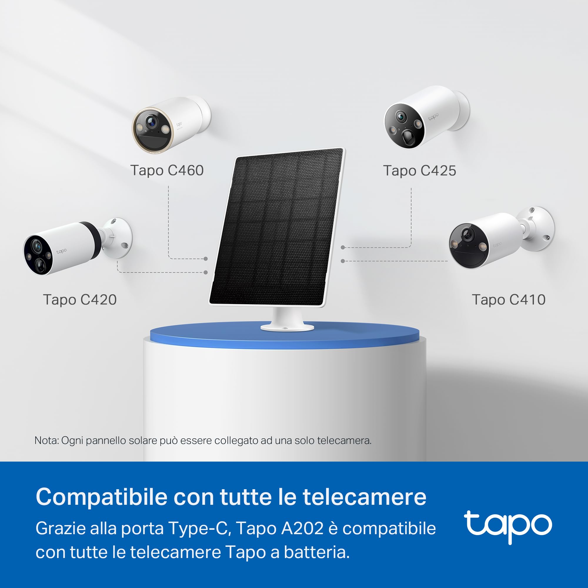 Tapo A202 Pannello Solare 4.5W, 5.2V, Adatto a Telecamera Tapo a Batteria, Installazione Flessibile, Ricarica ad Alta Efficienza, IP65, Regolabile a 360°, Cavo di Ricarica di 4m