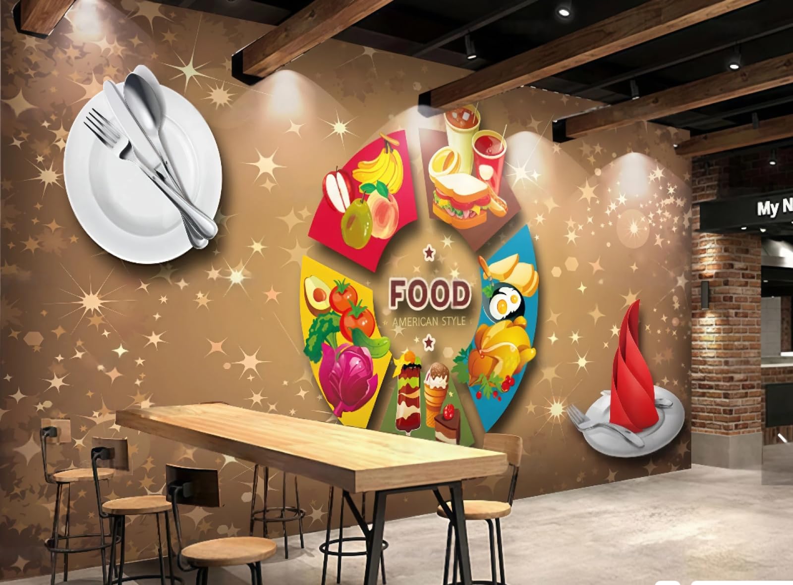XDOUBAO Wallpaper Fashion Hand-Painted Bread Line Burger Snack Bar Shopping Mall Window Afternoon Tea Western Restaurant Background Wall Wallpaper Coffee Shop Mural,3D,250x175cm