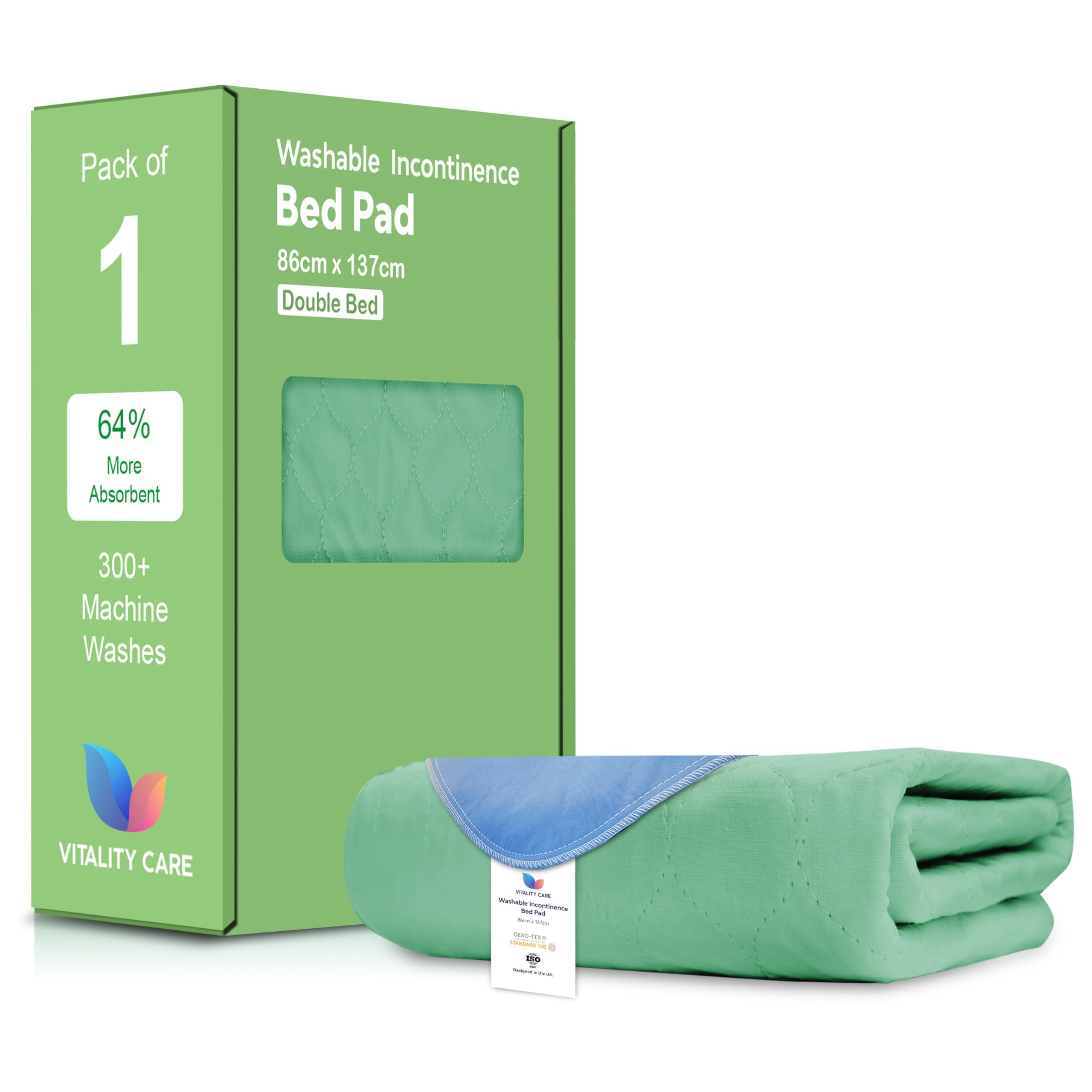 Vitality Care Green Washable Incontinence Bed Pad With Waterproof Backing, Ultra-Absorbent Reusable Mattress Protector For Adults, Kids, Elderly, 86X137cm
