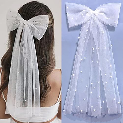 Lazo de pelo de novia, velo de perla, pieza de pelo de tul blanco, lazo de malla con clip, pasador, horquilla de moño largo, clip de cola larga,