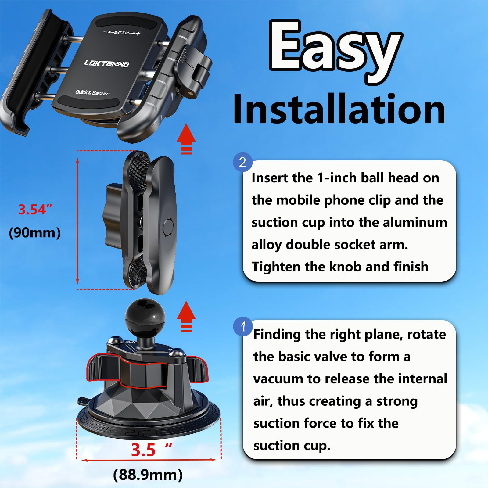 LOKTENWO Handyhalterung mit Vibrationsdämpfer und Twist-Lock-Saugnapf-Basis, [Kamerafreundlich] [1s Lock & Release] mit mittelgroßem Metallarm für Fahrzeug-Windschutzscheiben, passend für Smartphones