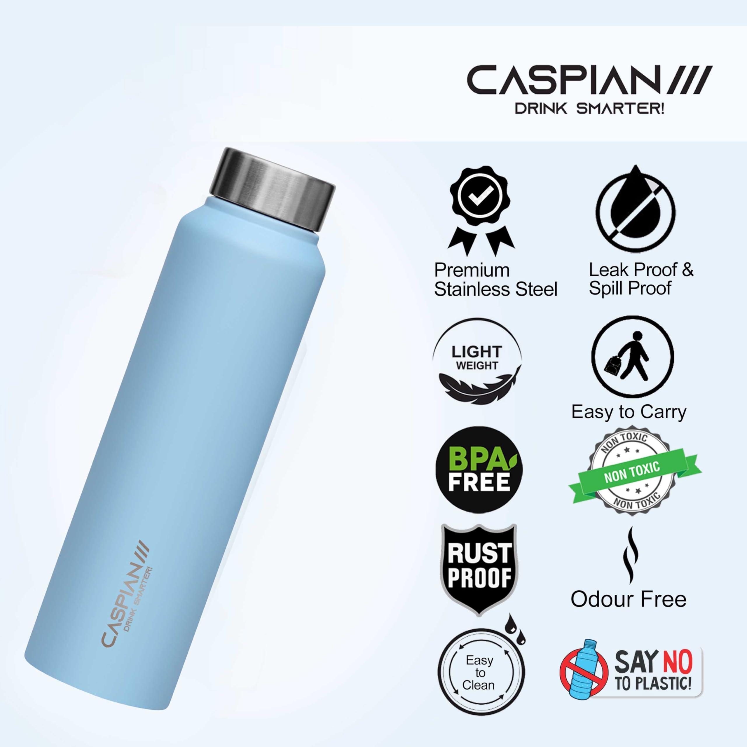 CASPIAN /// Astra Stainless Steel Water Bottle (Sky Blue, 1 Litre, Set of 1)| Leak Proof Thunder for Fridge Home Office Travel School Kids Boys Girls Adults Sports Gym Yoga 3