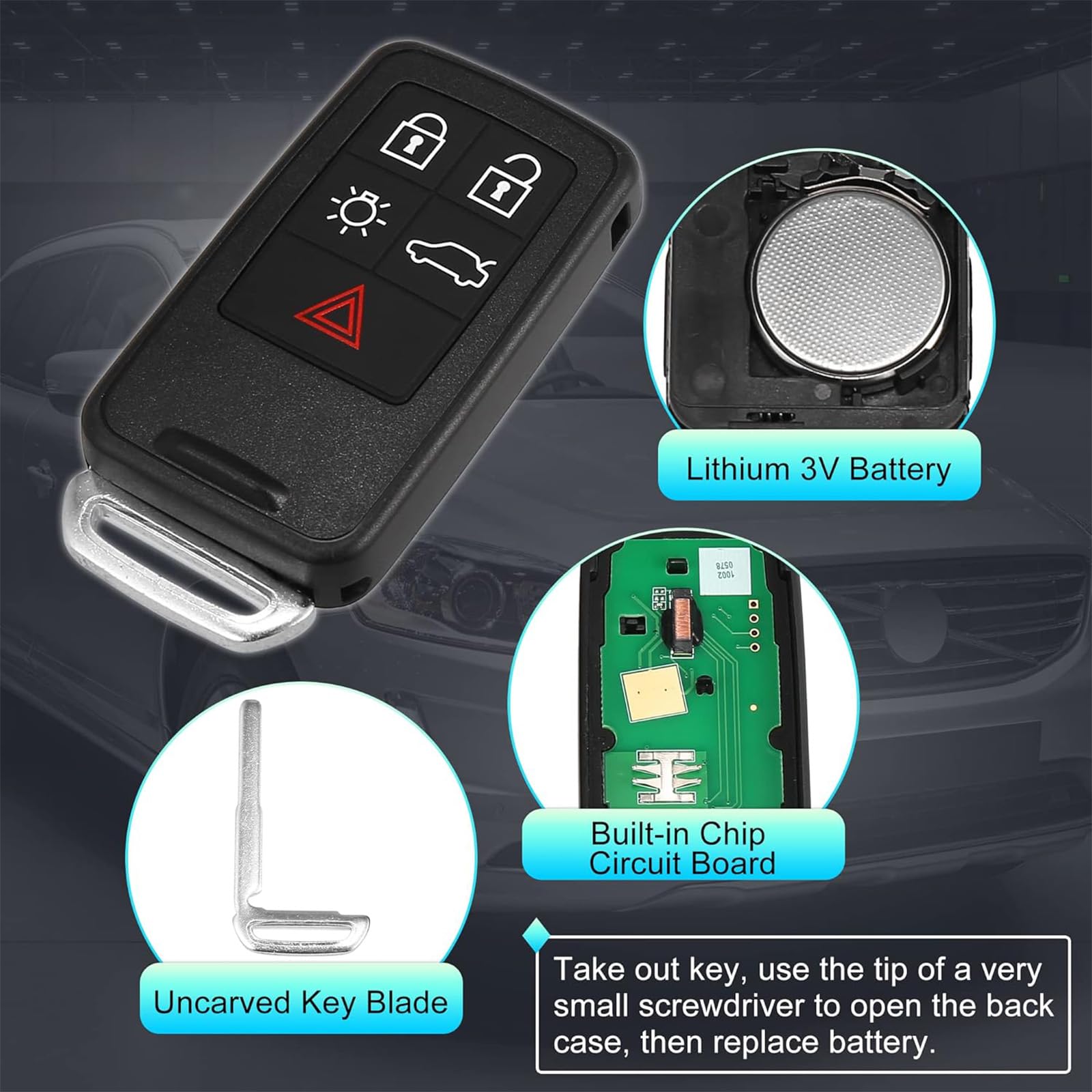 Cover per telecomando a 5 pulsanti per Volvo V40 V60 V70 S60 S80 XC60 XC70 Smart Remote Key Fob con lama non tagliata FCCID: KR55WK49264 433 MHz ID46 Chip
