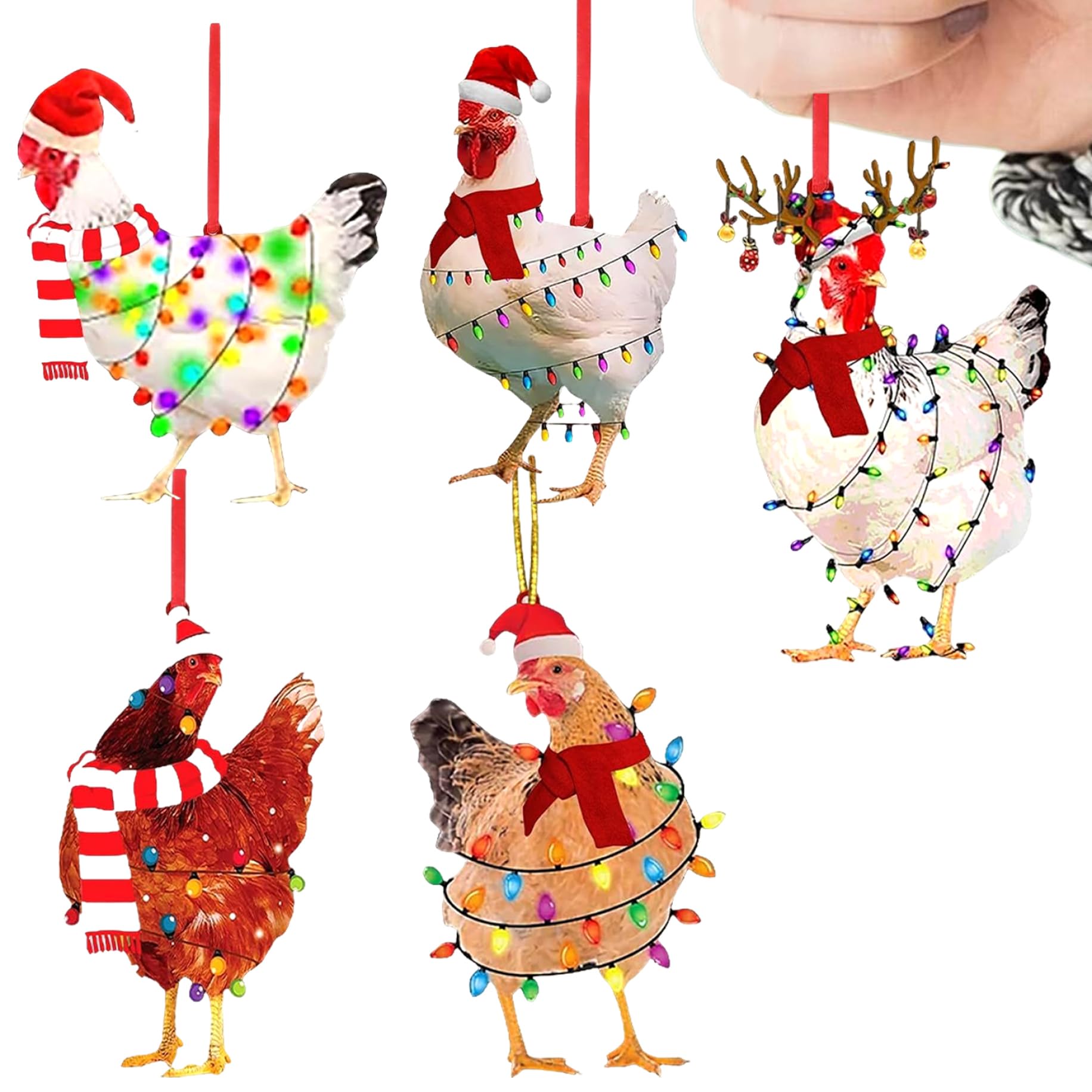 Hperu 5Pcs Chicken Christmas Ornaments 5 Style Hanging Chicken Decor With Hat Scarf Flat Acrylic For Tree Garland Wreath- Rooster Decor