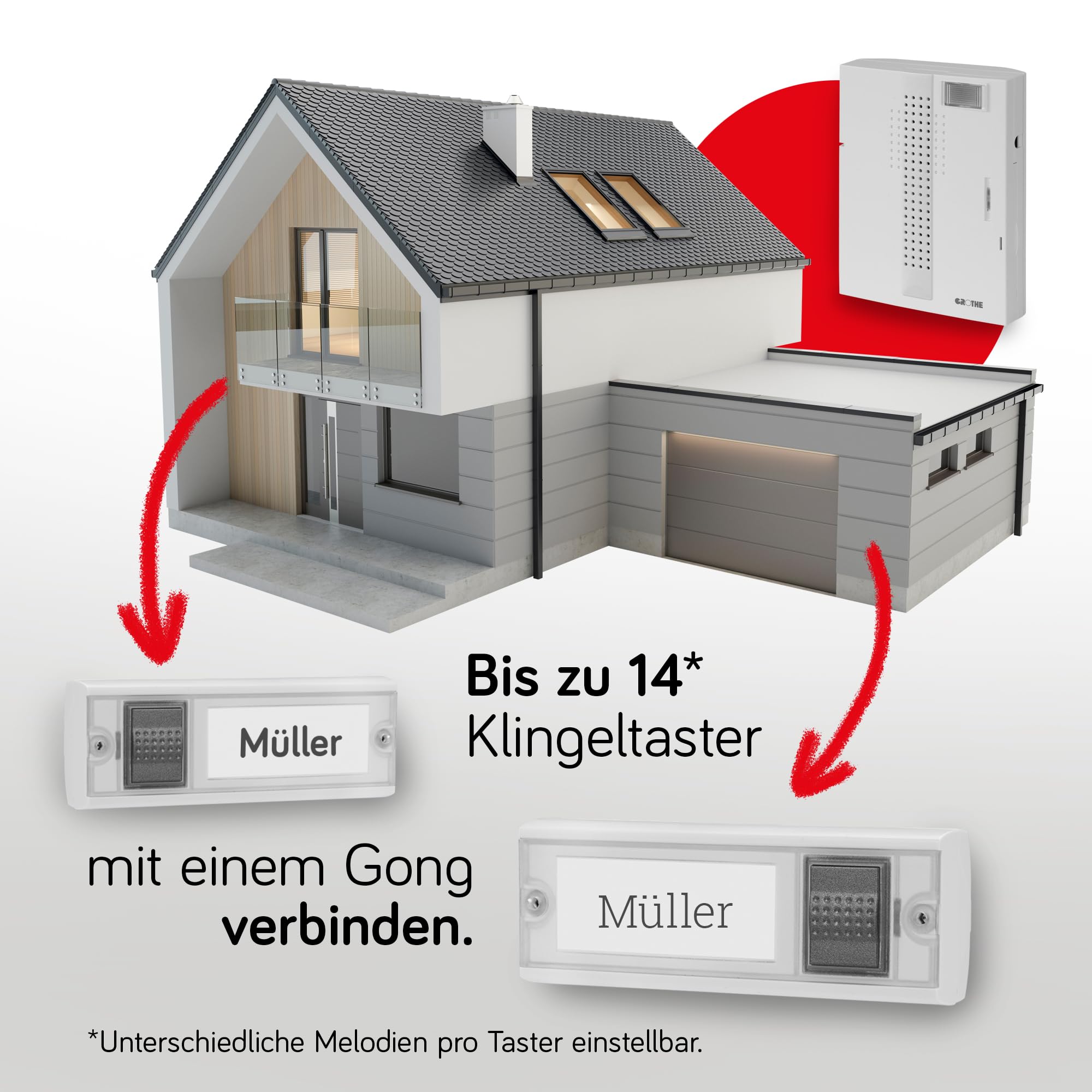 Grothe Funkklingel Türklingel MISTRAL 300M Funkgong-Set 500m Reichweite, 16 Melodien mit LED-Blitzlicht, Batterie- oder Netzbetrieb bis 83 dB (mehrfache Rufunterscheidung & Grothe AirLink Technologie)