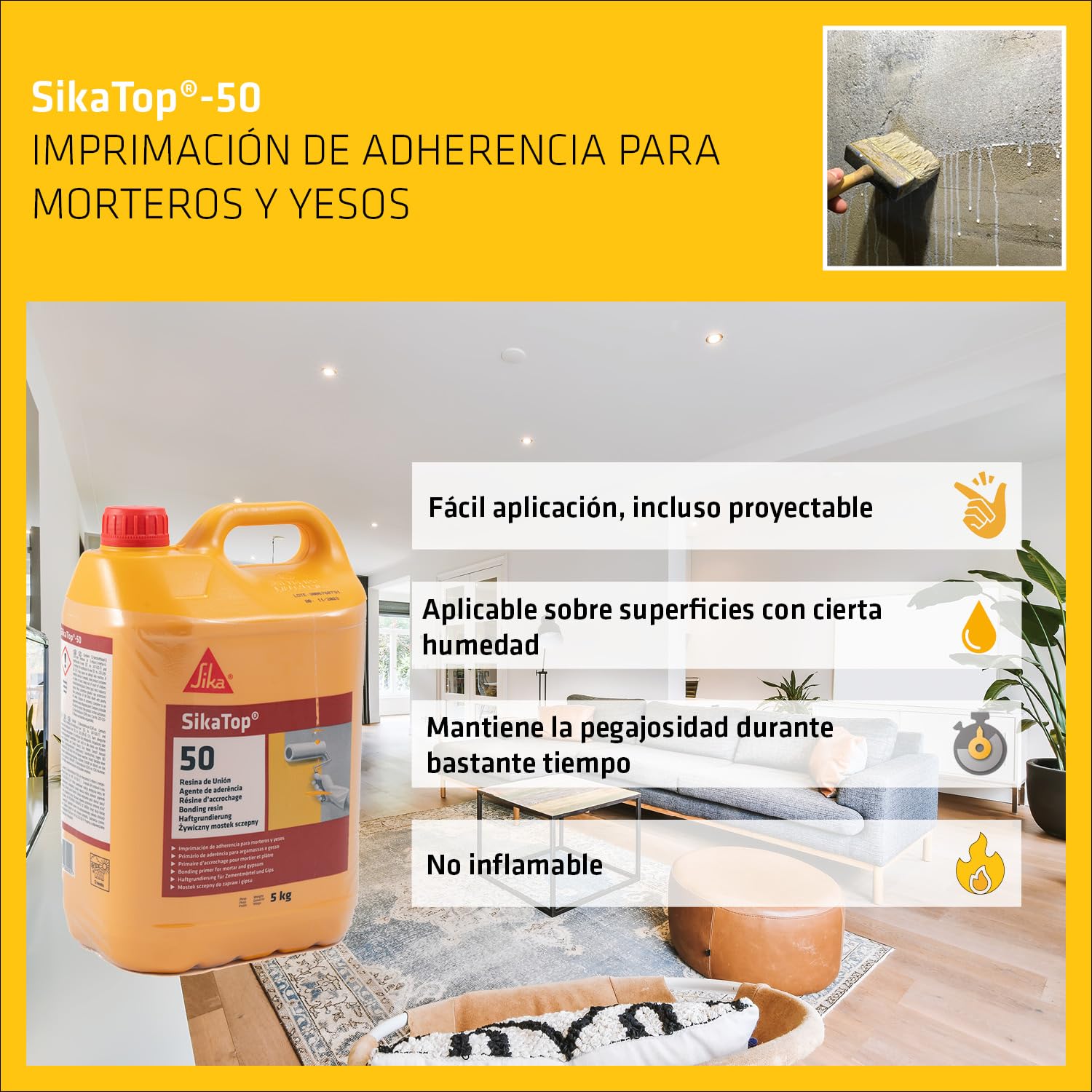 SIKA - Resina de Unión - SikaTop 50 - Blanco - Imprimación de adherencia listo para su uso para morteros y yesos - Utilizar como puente de adherencia - 5kg