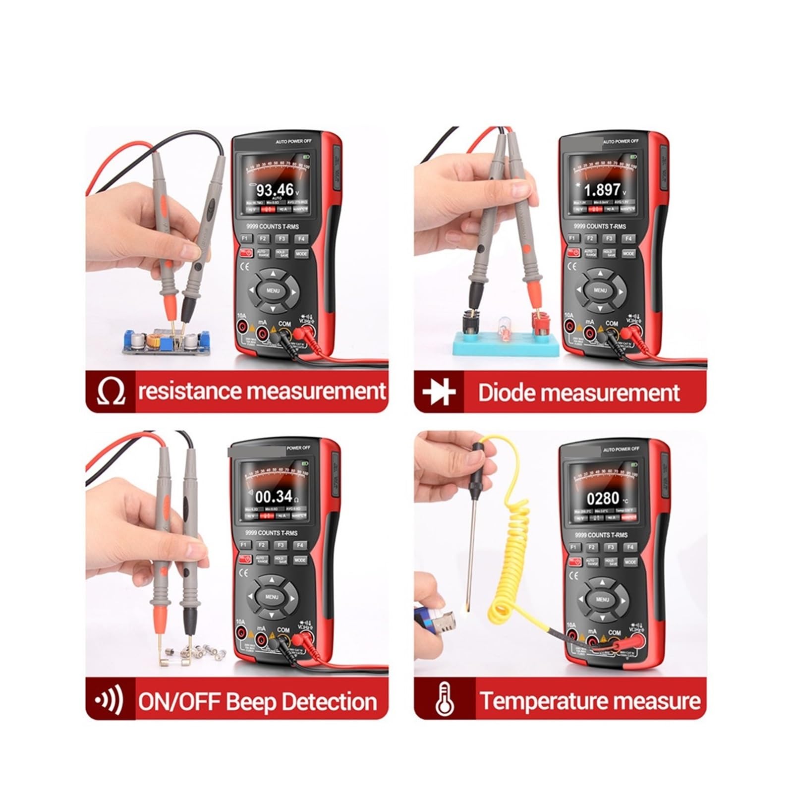 Oscyloskop, Oscyloskop cyfrowy Przenośny oscyloskop USB i klawisz trybu 9999 liczy Multimetr Napięcie Prąd Temp Diody Tester