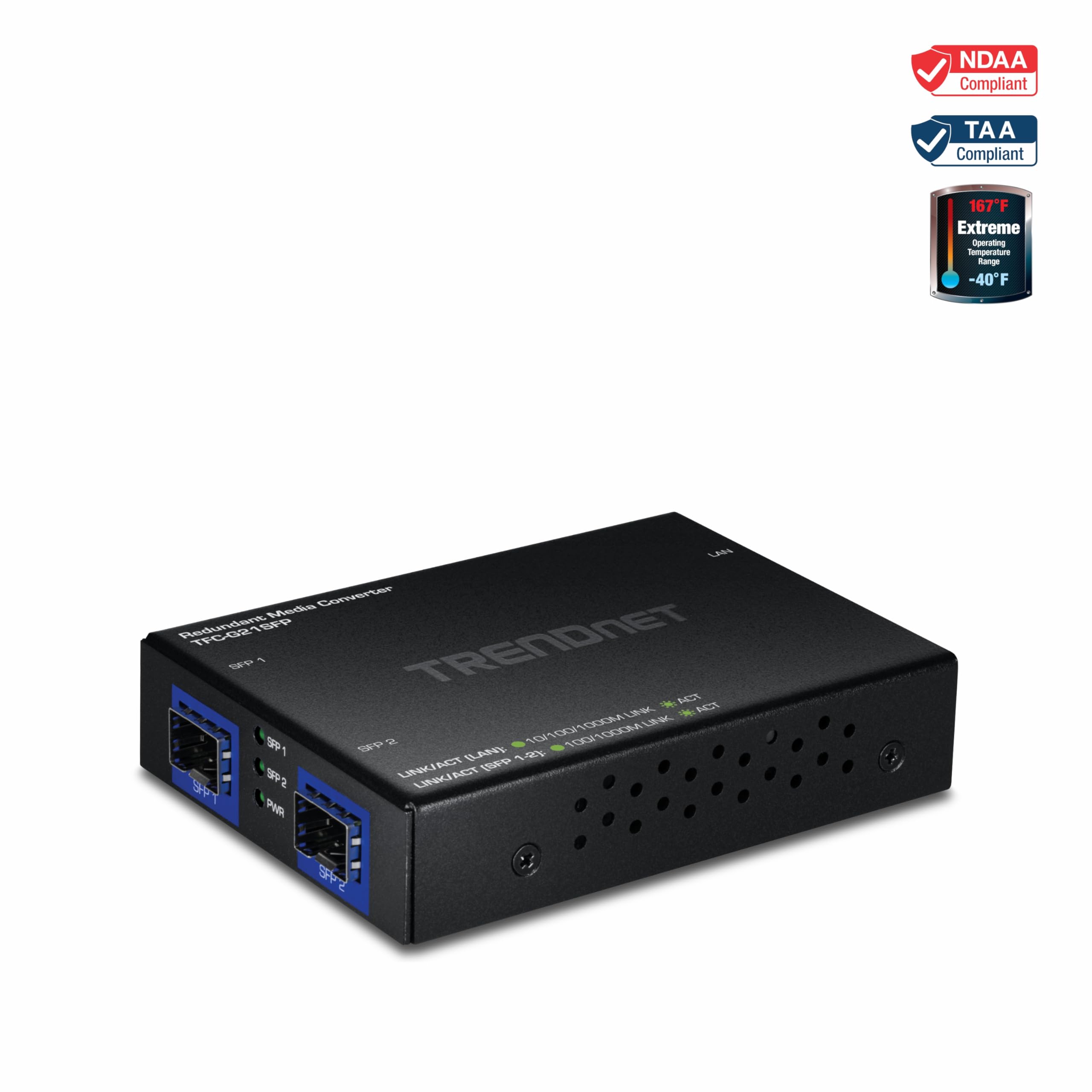 TRENDnet Convertisseur de média fibre 1000BASE-T vers double SFP avec mode redondant, TFC-G21SFP, 1 port Gigabit RJ45, 2 ports SFP Gigabit, conforme NDAA et TAA