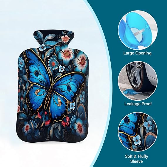 Hot Water Bottle with Cover, Blue Butterfly Flowers Animal 2L Hot Water Bag for Hot/Cold Compress, Hand Feet Warmer, Menstrual Cramps, Neck and Shoulder Pain Relief