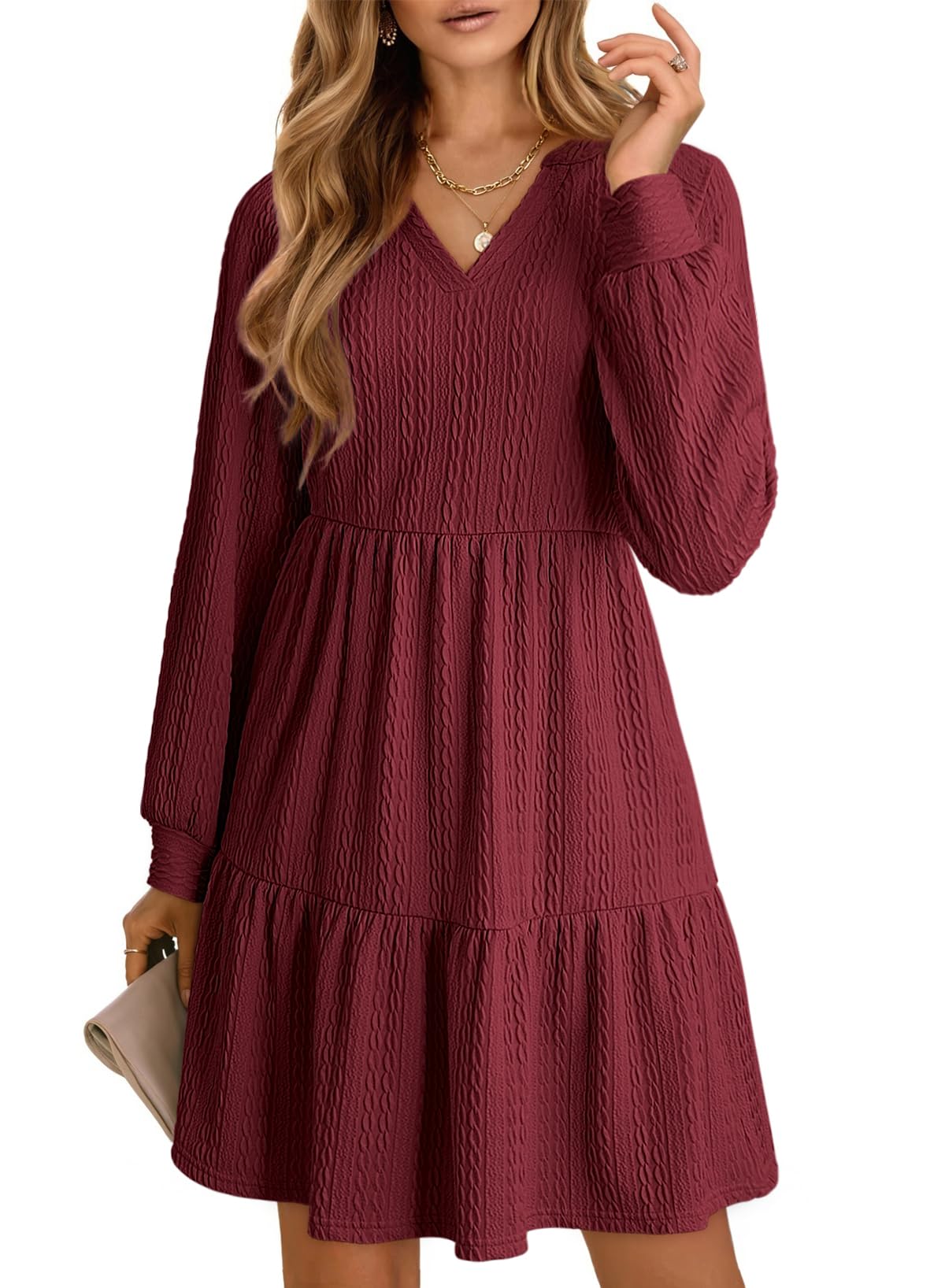 Dokotoo Fall Dresses for Women 2025 Long Sleeve V Neck Textured Casual Lightweight Tiered Ruffle A-Line Mini Babydoll