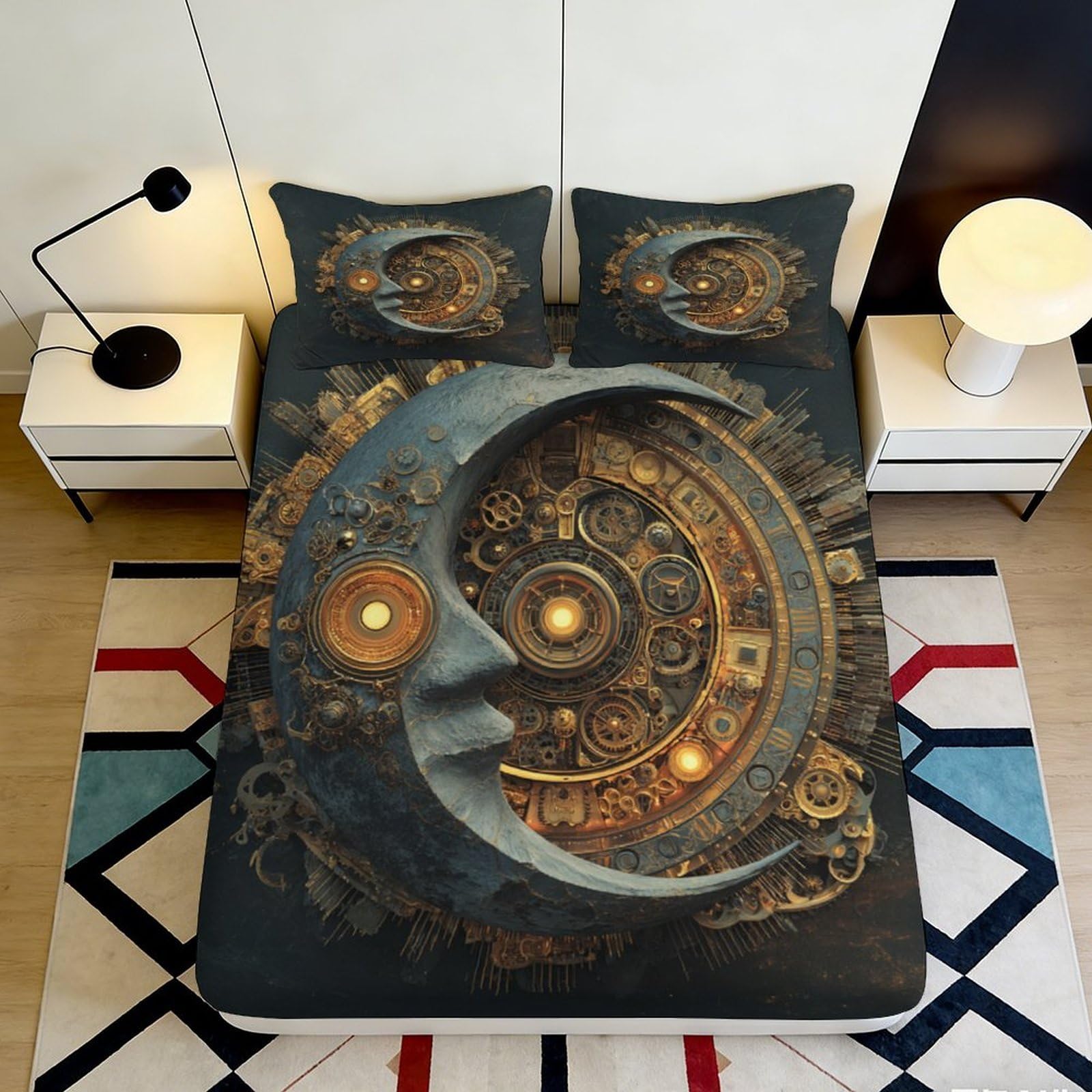 3D Printed Steampunk Moon Fitted Sheet Microfiber Soft Durable Cosmic Gear Bed Cover for Bedroom Dormitory Guest Room Protective Bed Sheet 140x200x25cm