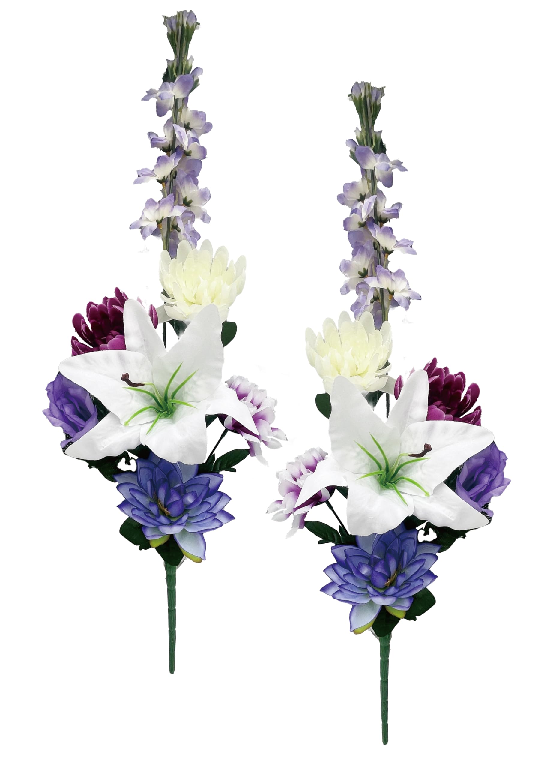 【 造花 お墓用 mamawreath】 仏花 お彼岸 花 お墓参り お供え花 お盆 白百合 リリー ユリ 菊 トルコキキョウ 墓前用 墓花 左右対称 一対 2束組 サイズ高73cm×幅22cm (FP-1077(デルフィニウムミックスブッシュ))
