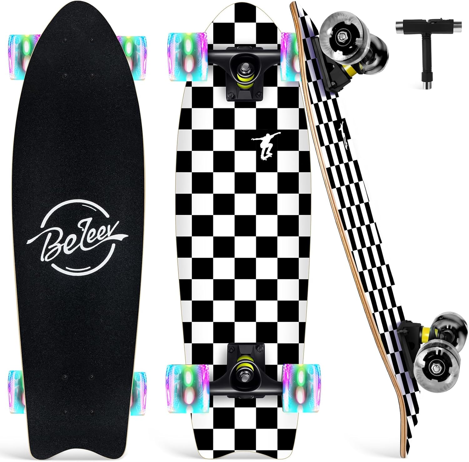 BELEEV Cruiser Skateboards for Beginners, 27 x 8 inch Complete Skateboard for Kids Teens Adults, 7 Ply Canadian Maple Double Kick Deck Concave Skateboard with Skate T-Tool