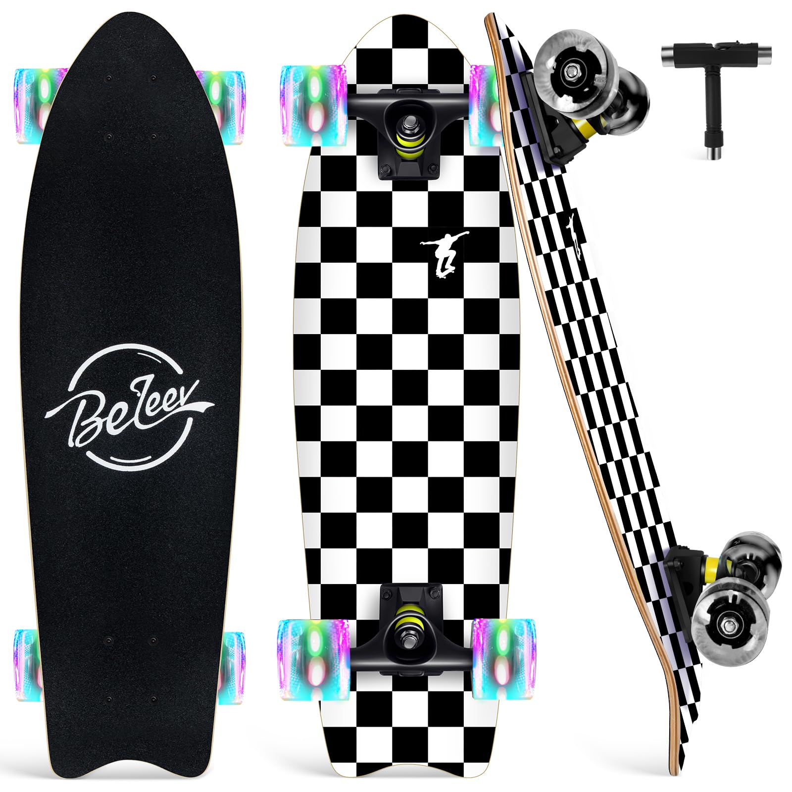 BELEEV Cruiser Skateboards for Beginners 27 x 8 inch Complete Skateboard for Kids Teens Adults with LED Wheels 7 Ply Canadian Maple Double Deck Concave Skateboard with Skate T-Tool(White)