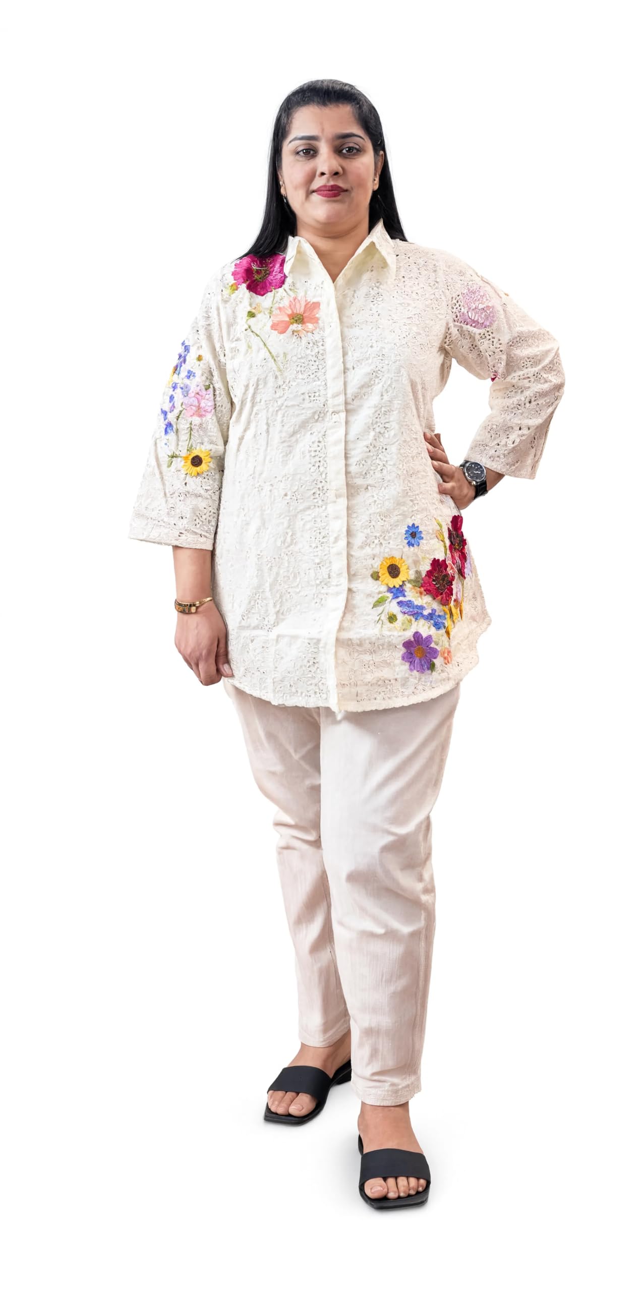 Women's Off White Floral Embroidered Co-Ord Set | Schiffli Cotton Shirt Style Top with Straight Pants | Casual, Office & Resort Wear for Women-picture-33