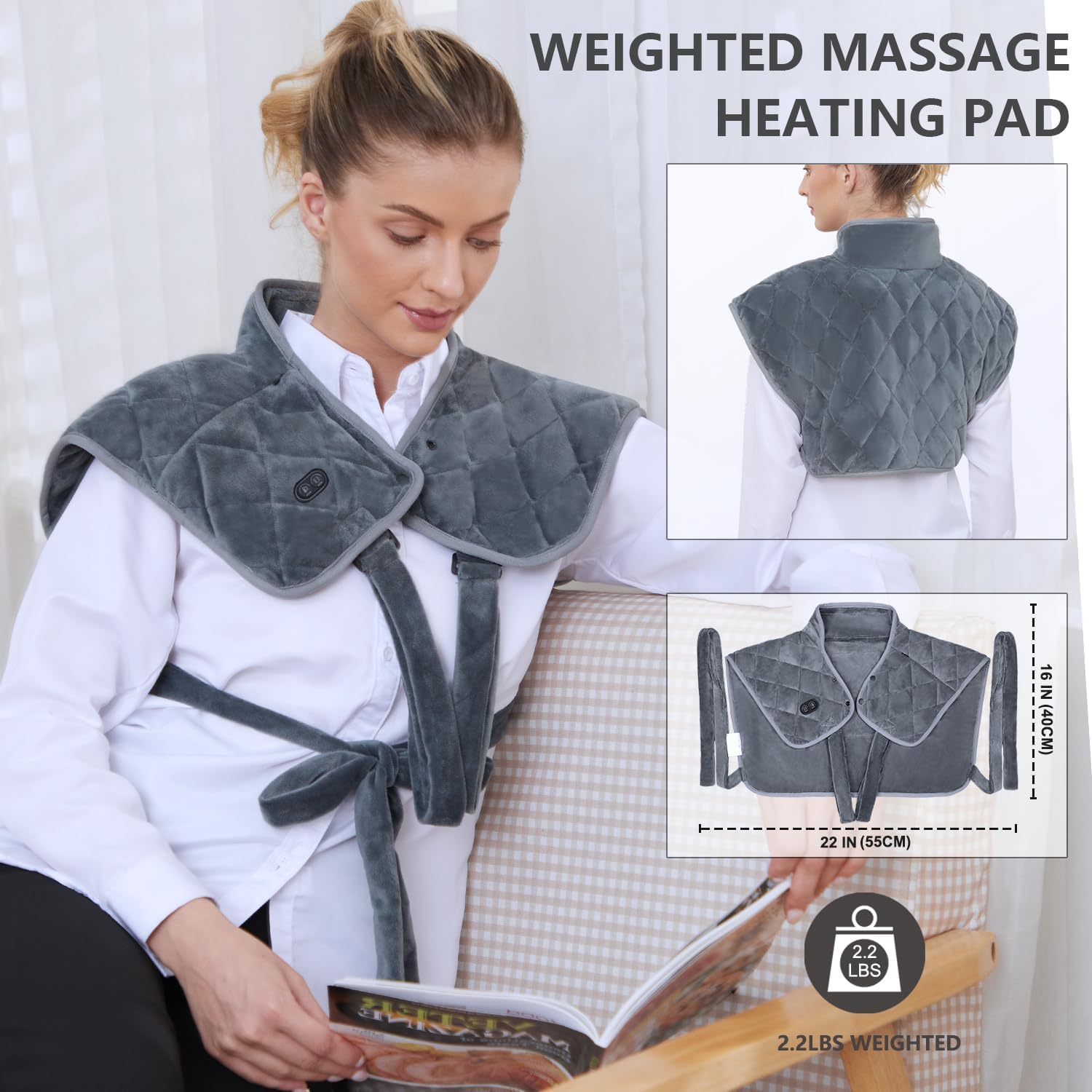 Vofuoti Heating Pad for Neck and Shoulders, Portable Cordless Heating Pad with Massager and Battery, Weighted Electric Heated Neck Shoulder Wrap, 16'' x 22'', 2.2lbs - Image 3