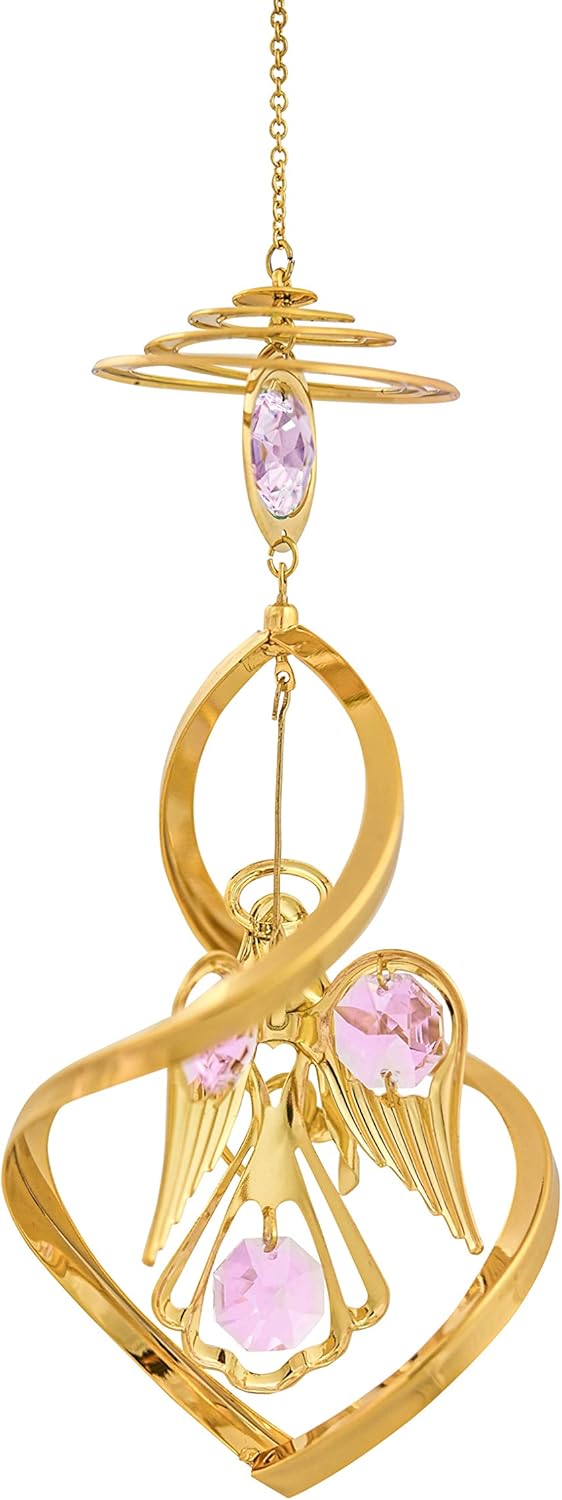 24K Gold Angel Spiral Ornament Pink Crystal for Christmas Home Decor Birthday Gift Romantic for her Wedding Anniversary