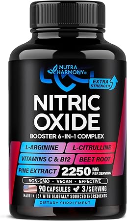 Nitric Oxide Supplement for Men & Women 2250 mg - Nitric Oxide Booster - Pine Bark | L-Arginine | L-Citrulline | Beet Root | Vitamin C & B12 - Muscles, Energy & Circulation - Made in USA, 90 Capsules