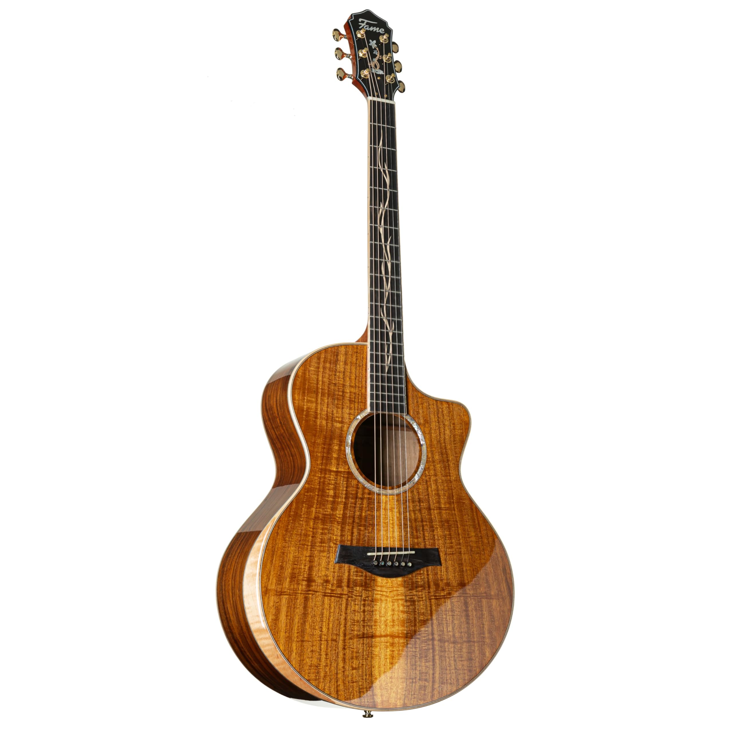 Fame Koa Deluxe Westerngitarre, Akustik-Gitarre mit Tonabnehmer, elektroakustische Gitarre, Grand Auditorium mit Cutaway und Natural Koa Decke