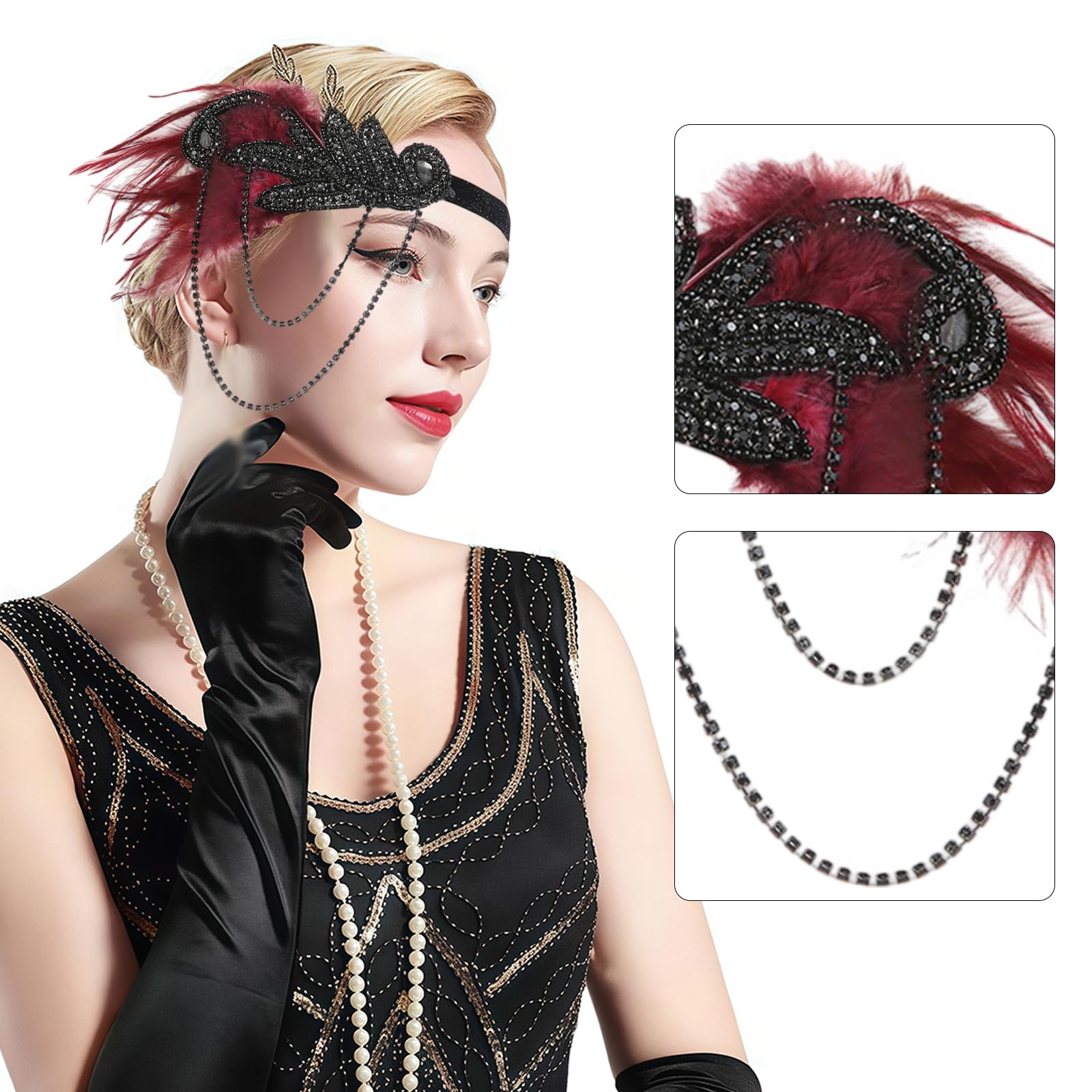 GWAWG 1920s Flapper Great Gatsby Accessories Set,Great Gatsby Accessories Women,Roaring 20's Theme Set,Ladies Charleston Fancy Dress Up Set for Women Christmas Carnival Halloween (RedBlack) - Image 3