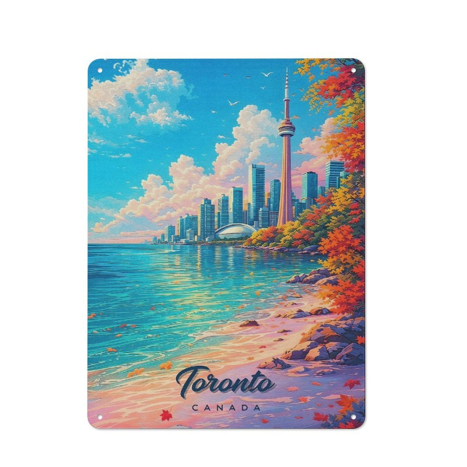 Junmoney Style-10 Toronto Skyline In Autumn Tin Sign 40X30cm, Vintage Home Bar Decor For Cafe, Pub, Workshop Or Home Bar, For Relaxed Wall Styling