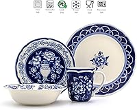 Vista 3 de Euro Ceramica Blue Garden 16 Piece Oven Safe Hand Painted Stoneware Dinnerware Set, Service for 4, Bold Vase Design/Floral Pattern, White and blue