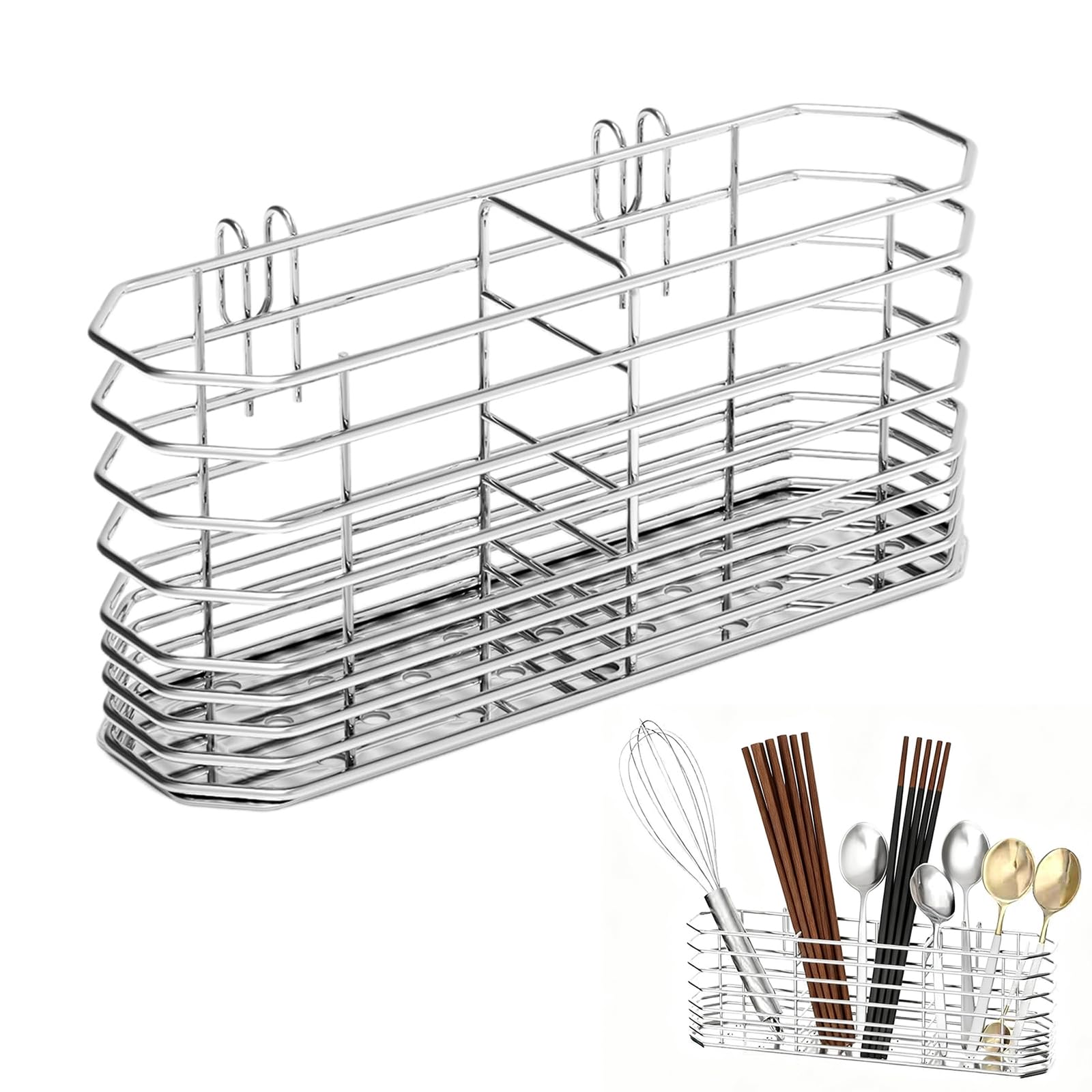 Qubitly Stainless Steel Cutlery Drainer, Dual-Use Kitchen Sink Organiser with Chopstick Rack, Countertop & Hanging Cutlery Holder, Silver Dish Drainer Rack for Tableware Storage